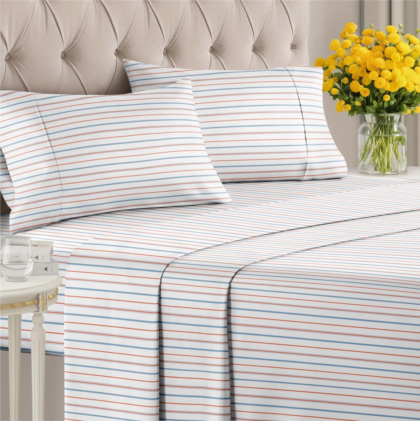 Striped Sheets - Red & Blue Striped Sheets - 1 Flat & 1 Fitted & 2 Pillowcases w/ Deep Pockets – Wrinkle & Fade Free - Ultra-Soft, Breathable & Cooling – Luxury Pinstripe Bedding - Queen Size Bed Set