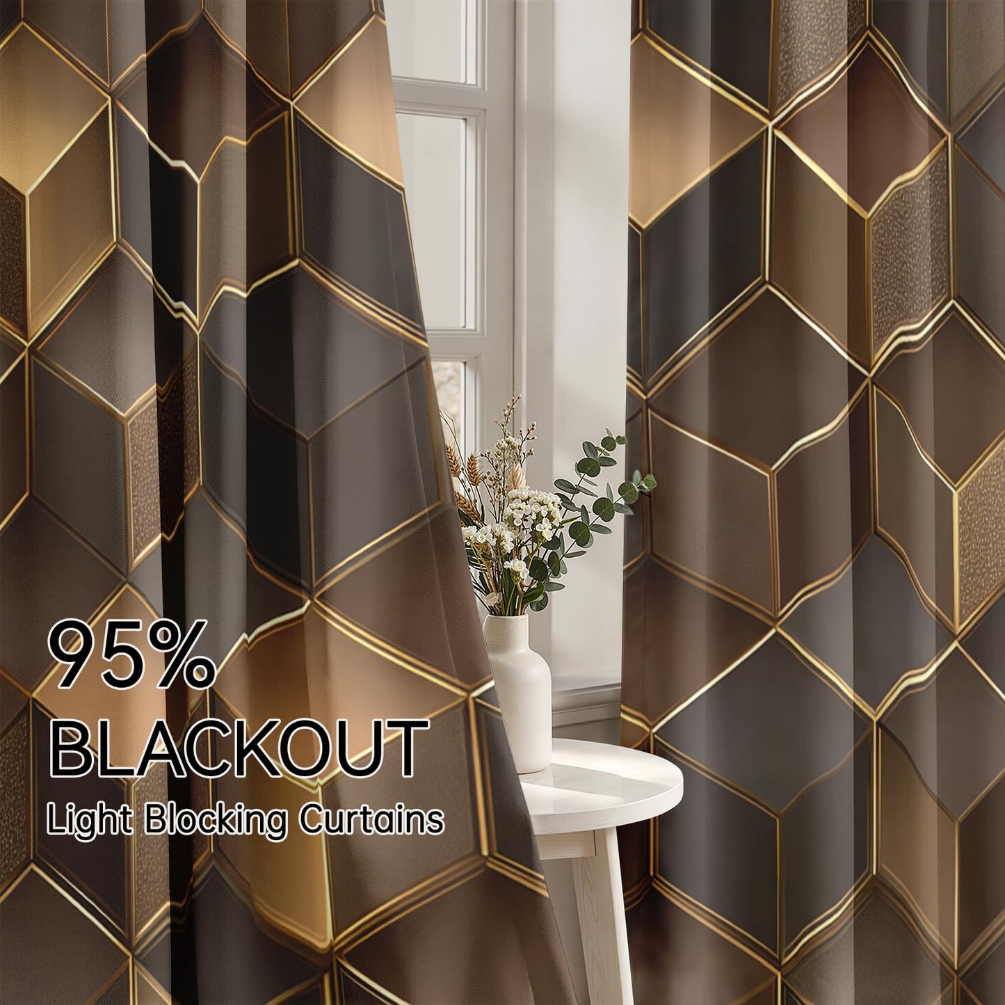 Mistwalk Brown and Gold Curtains 108 Inch Length 2 Panels Set, Patterned Blackout Curtains for Bedroom & Living Room, Room Darkening Thermal Insulated Grommet Drapes, 3D Geometric Window Treatments