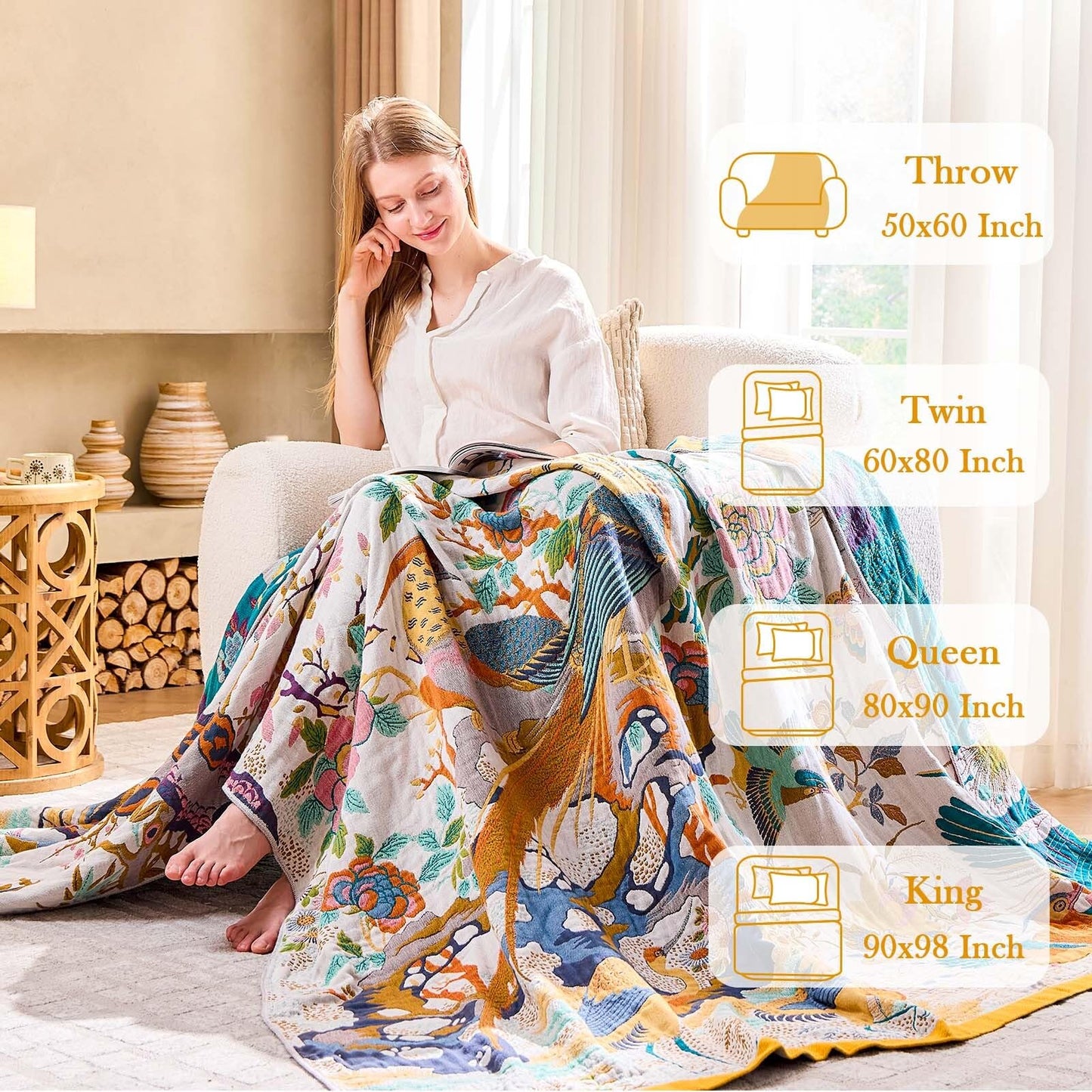 XIBLC Fall Throw Blanket for Couch, Yellow Boho Decorative Throw Blanket, 100% Cotton Muslin Breathable Woven Farmhouse Blankets Quilt, 60"x80" Reversible Lightweight Blankets Bohemian Throw Quilt