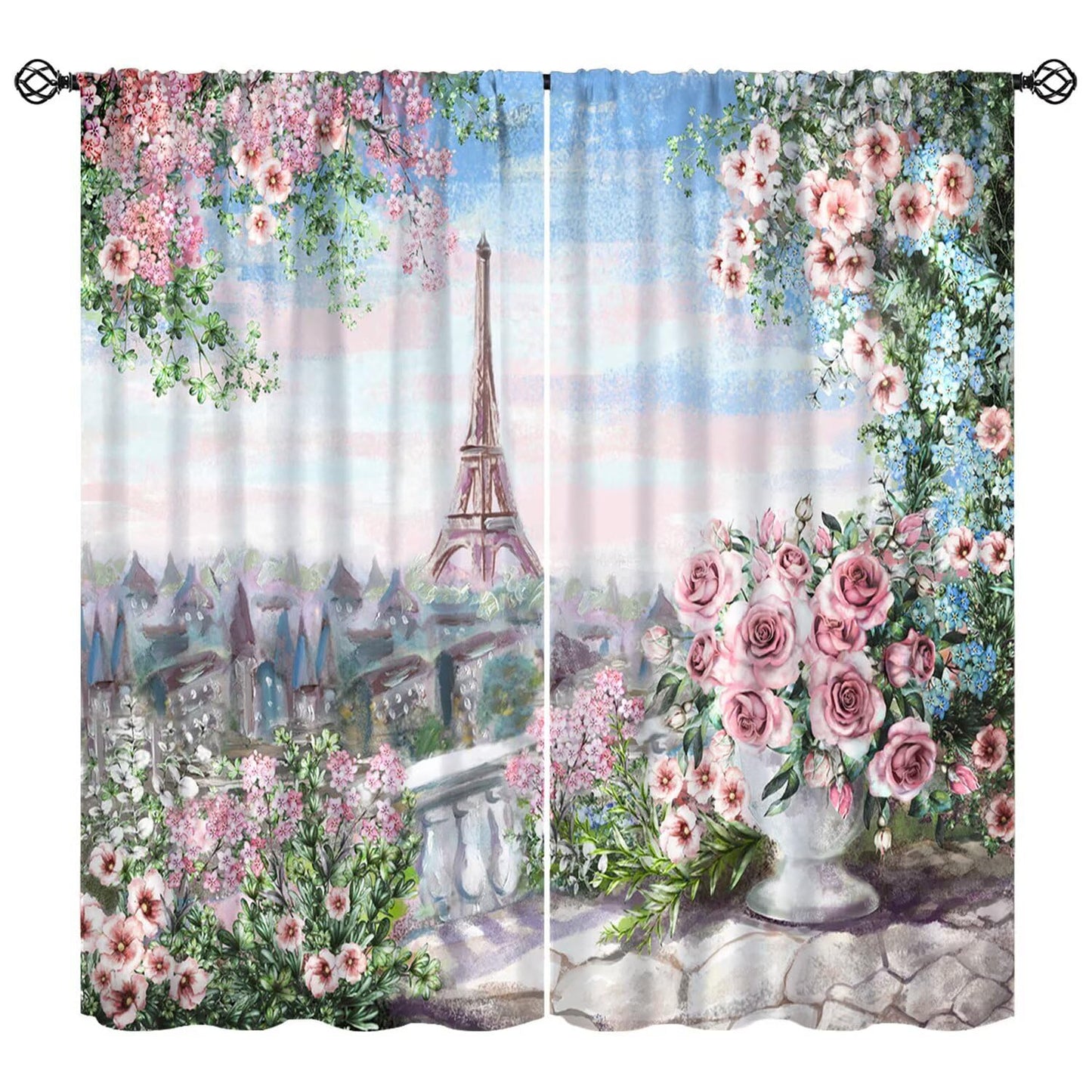 Flower Eiffel Tower Curtains Cherry Blossoms Pink Rose Romantic Paris Cityscape Fashion Building Rod Pocket Window Treatments for Girl Women Aldult Bedroom Living Restaurant Drapes 41" W X 45" L