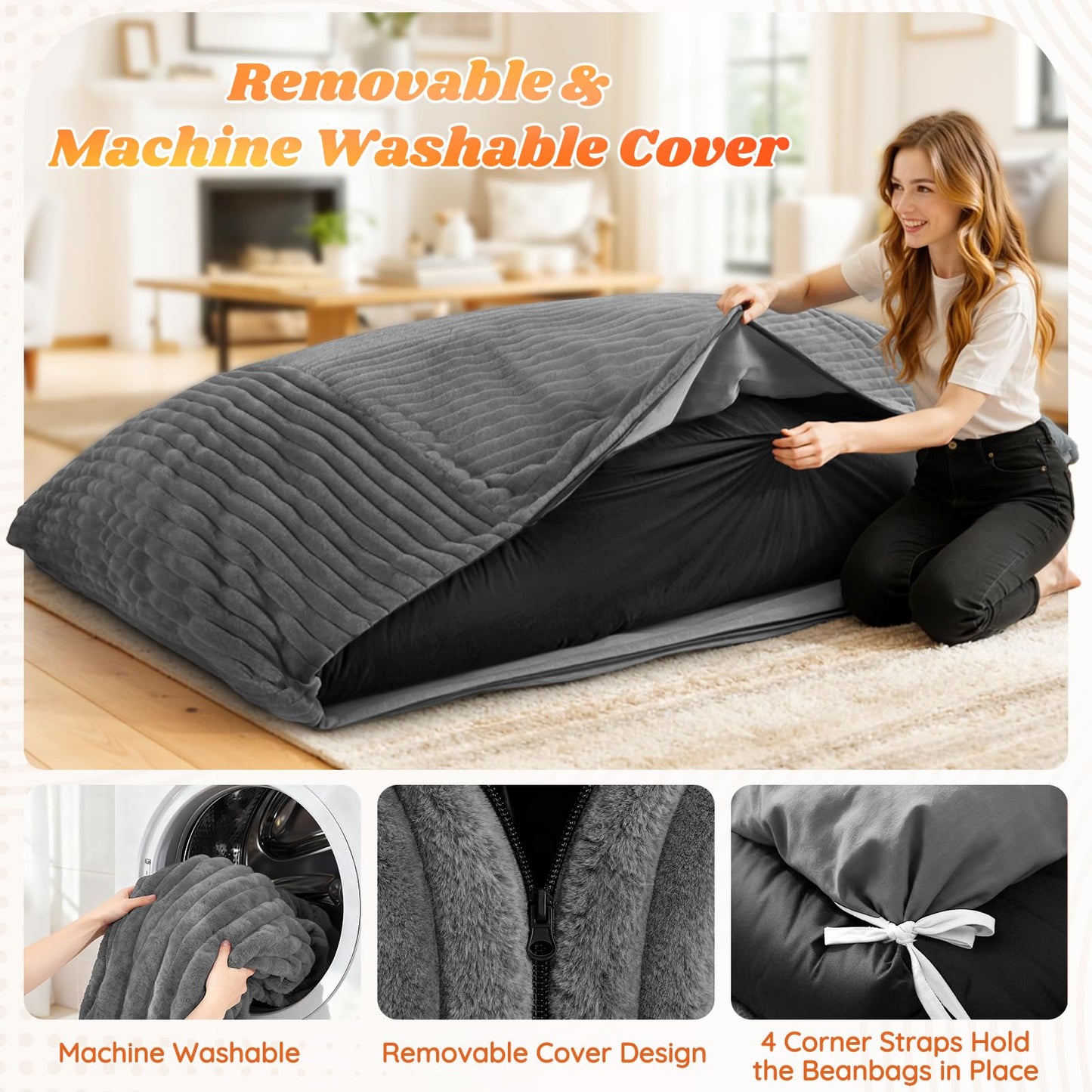 LuxMoment 3 in 1 Giant Bean Bag Chair for Adults and Kids, Oversized Convertible Bean Bag Bed with Machine Washable Cover, Comfy Soft Memory Foam Floor Sofa for Living Room, Bedroom & Game Room(Grey)