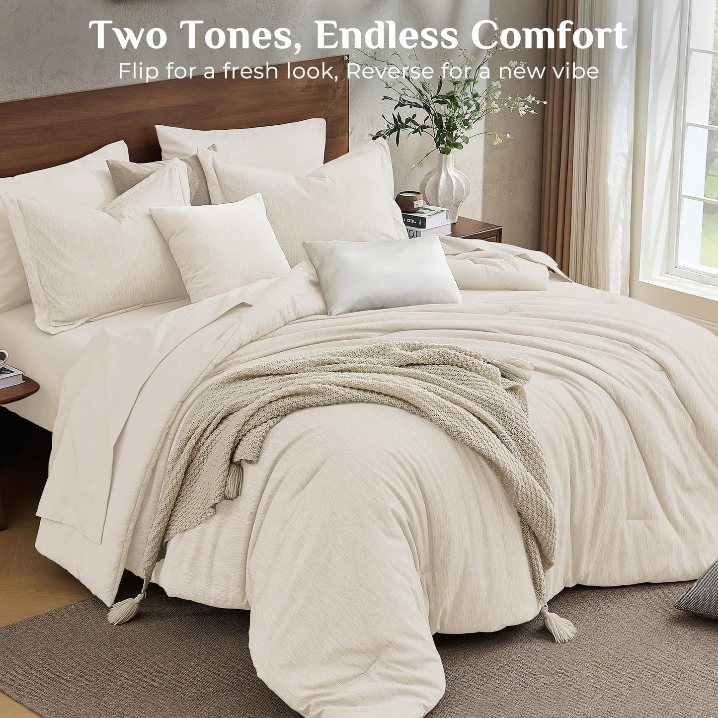 JOLLYVOGUE Queen Comforter Set, Cationic Dyeing Bed in a Bag 7 Pieces, Double-Tone Bedding Set with Down Alternative Comforter, Sheets, Pillowcases & Shams, Beige
