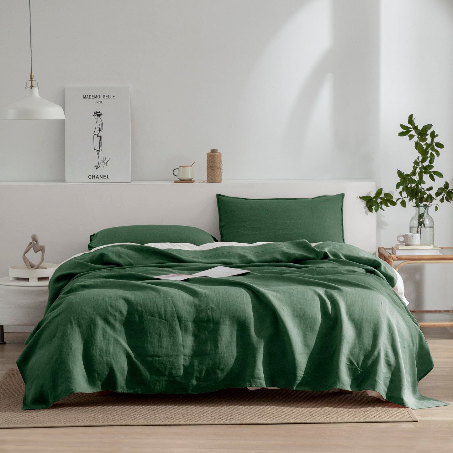 EVERLY Linen Twin Size Sheets Set,100% French Washed Pure Linen Bed Sheets Deep Pocket Sheets,3Pieces(1Flat Sheet,1Fitted Sheet,1Pillowcase) Suitable for Hot Sleepers,180GSM Dark Green Bedding Set