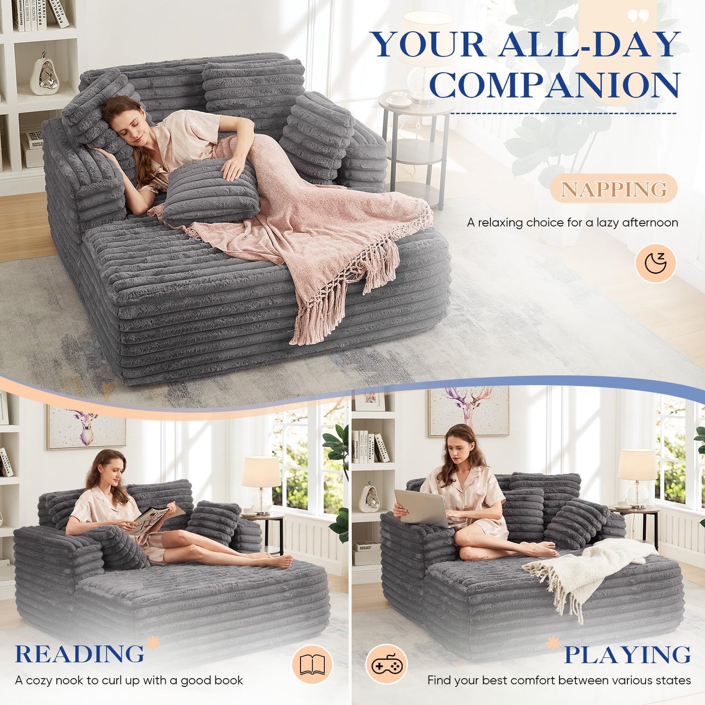 Oversized Chaise Lounge Indoor, Modern Plush Faux Fur Fabric Deep Seat Boneless Memory Foam Sleeper Chaise Lounge Sofa Chair with Pillows for Living Room Bedroom Studio, No Assembly Couch, Grey