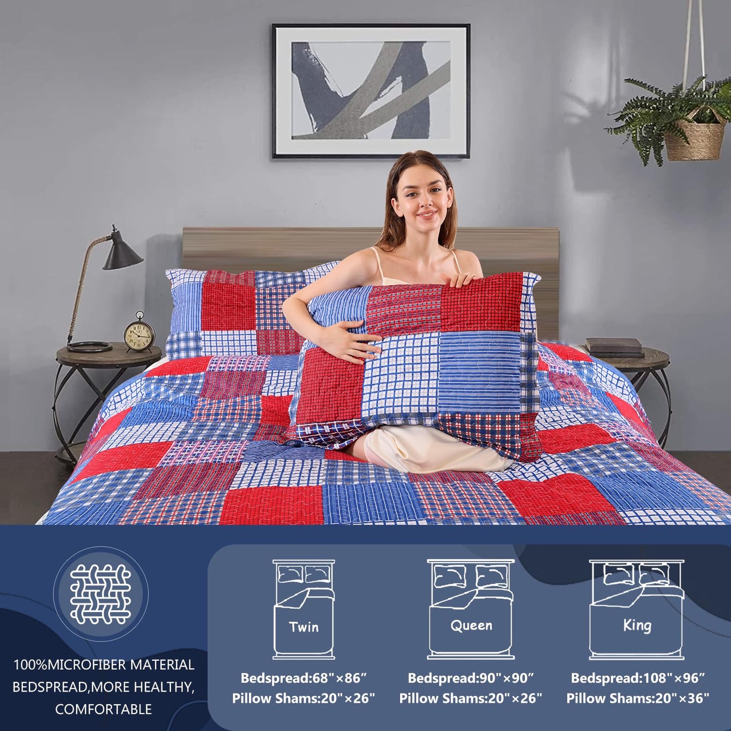 Jessy Home Plaid Quilt Set King Bedspread Coverlet Set Red Blue White Patchwork King Size Quilt Set Bedding Soft Lightweight Quilts Coverlet Country Reversible Quilt Bed Spread with 2 Pillow Shams
