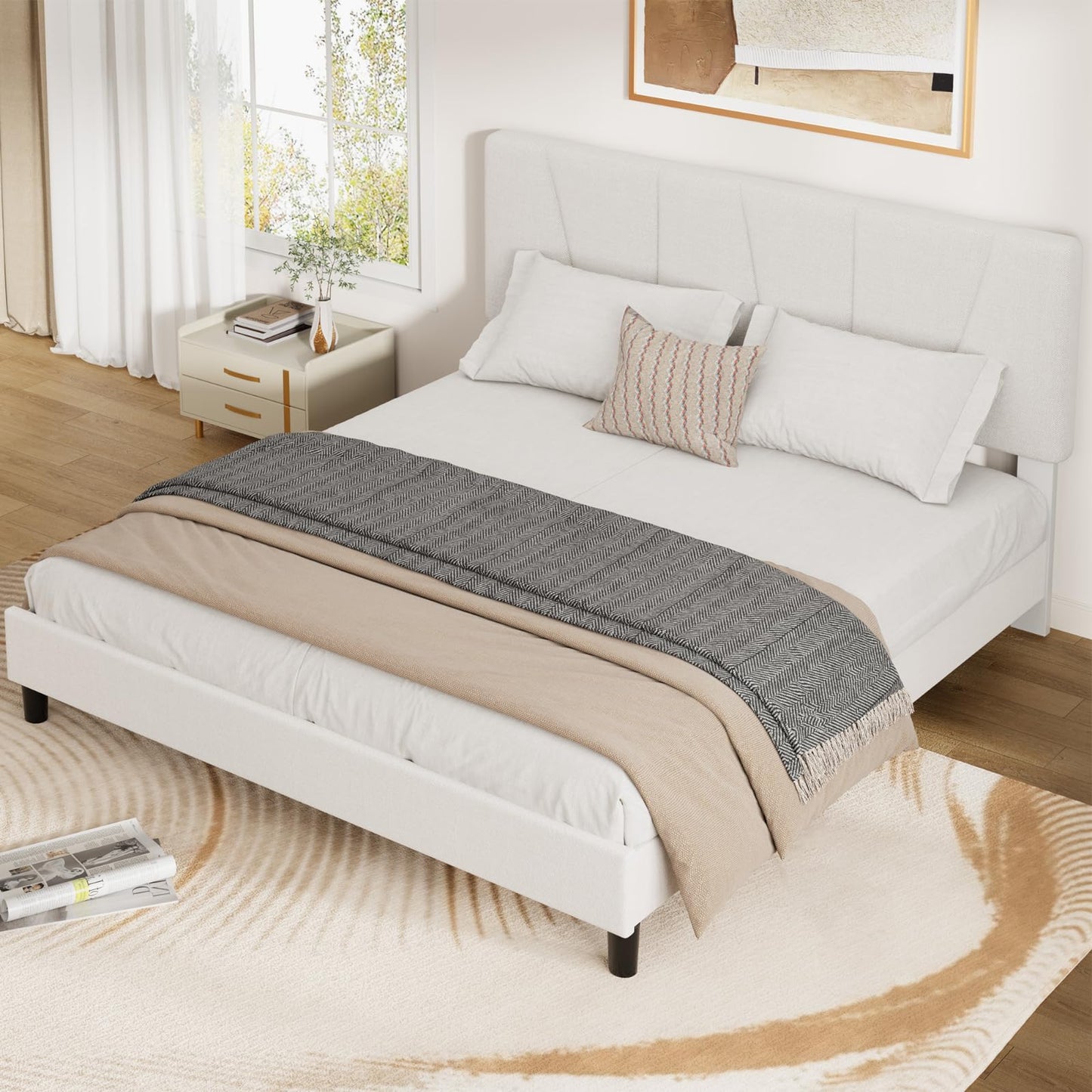 IDEALHOUSE Full Size Bed Frame with Upholstered Headboard, Heavy Duty Platform Bed Frame with Strong Wood Slats, Adjustable Headboard, Noise-Free, No Box Spring Needed, Easy Assembly