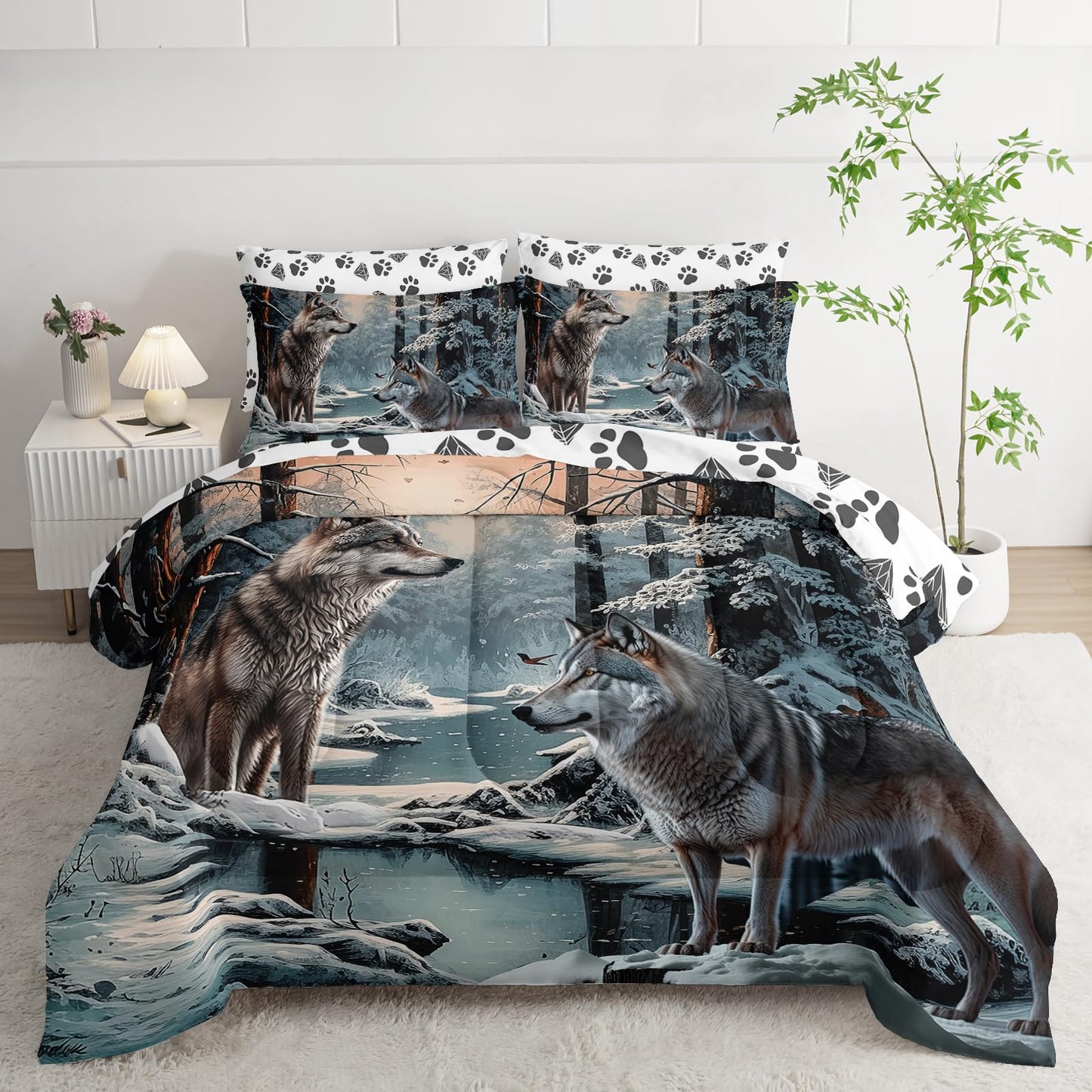 AILONEN Snow Wolf Comforter Set Full Size,7-Piece Soft Bed in a Bag,Snowfield Forest Animals Printed Comforter & Fitted Sheet & Flat Sheet & 2 Pillowcases,2 Pillow Shams for Kids Boys Adults