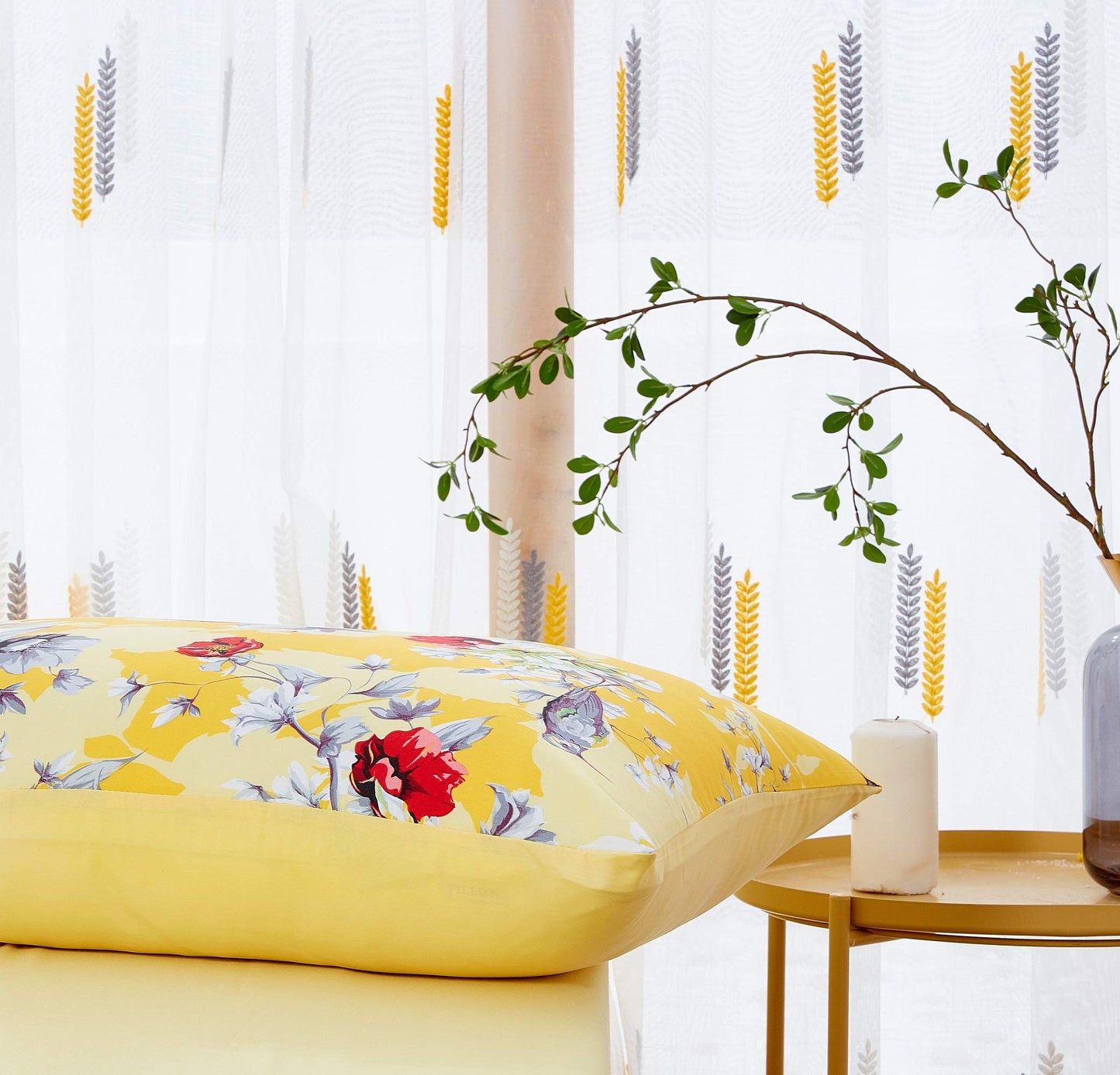 DaDa Bedding Lovely Yellow Floral Fitted and Flat Bed Sheets - Radiant Sunshine Hummingbirds Multi-Colorful Red Flowers - Bright Vibrant w/Pillow Cases Set - Full Size - 4-Pieces
