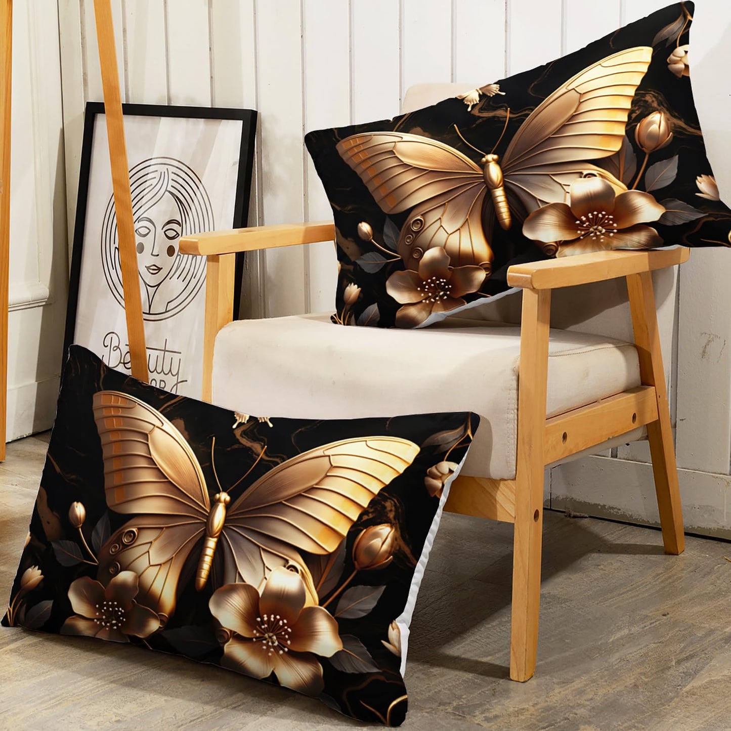 AILONEN Butterfly Bedding Set Queen Size, 3Pcs Golden Floral Butterfly Soft Bed Sheet Set for Girls Women,Beautiful Butterflies Fitted Sheet with 2 Pillowcases