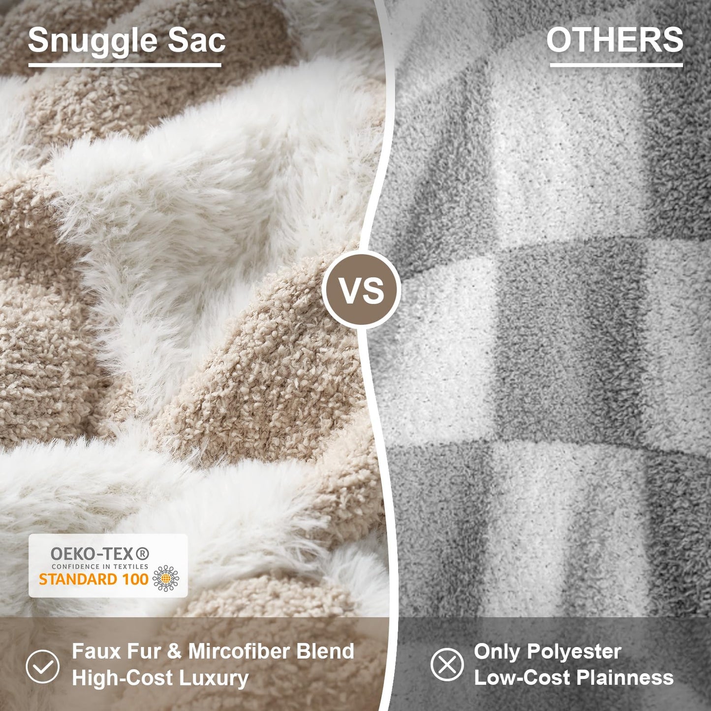 Snuggle Sac Checkered Throw Blanket Faux Fur Microfiber Blankets for Couch,Cozy Soft Warm Blanket for Sofa Bedroom Living Room,Beige Checker,50x60 inches