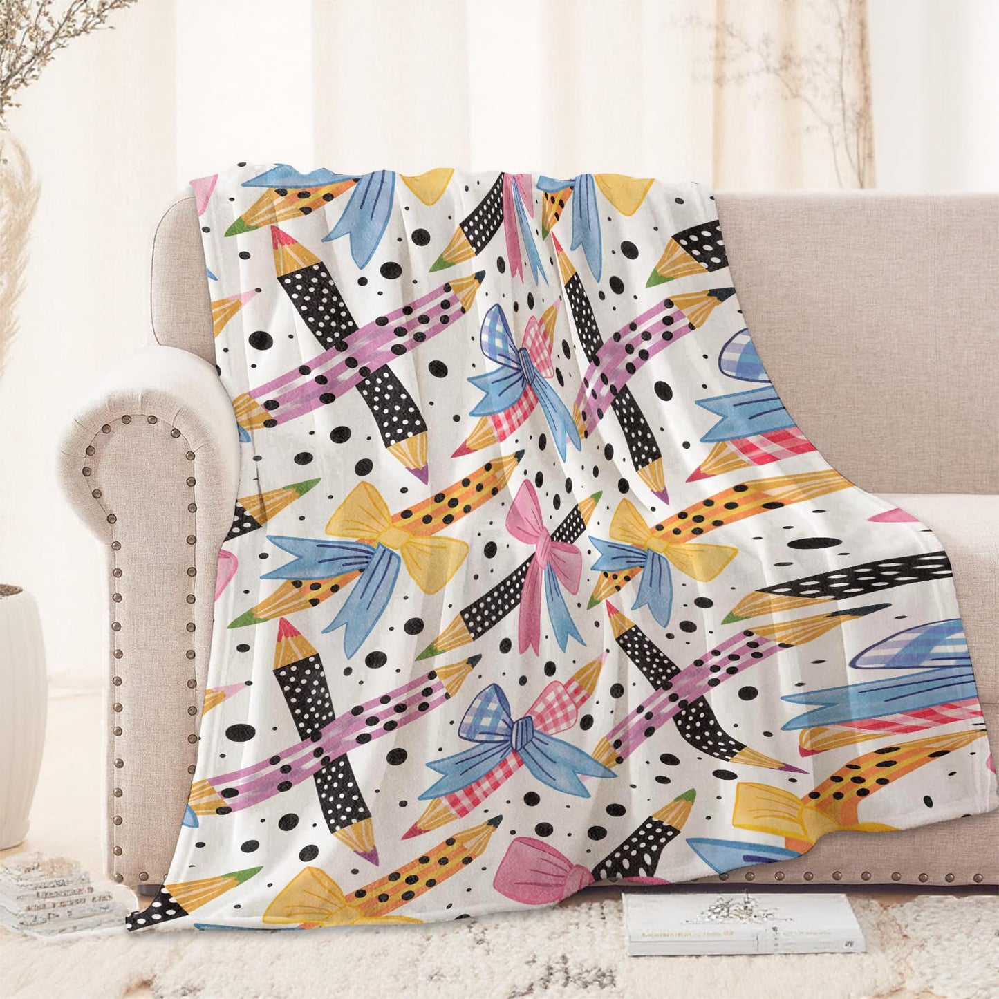 Cute Pencil and Bow Blanket 40x50 in, Flannel Throw Blankets for Travel Camping Sofa Living Room Decor, Lightweight Cozy Soft Fuzzy Gifts for Women Adults Kids