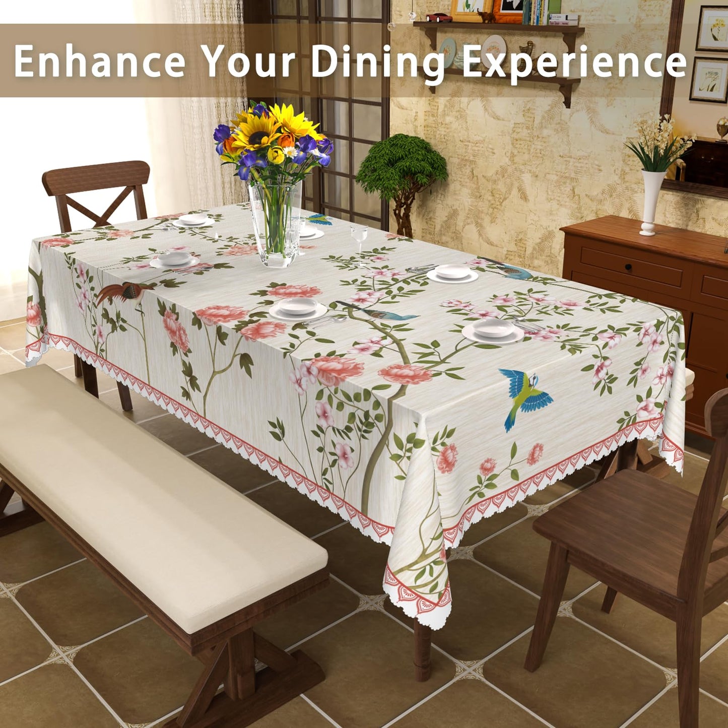 Waterproof Canvas 60 x 84 Inch Rectangle Table Cloth, Floral and Birds Pattern Stain Resistant Summer Outdoor Tablecloth, Heavy Duty Washable Dining Table Cover for Farmhouse, Dinner, Picnic, Party