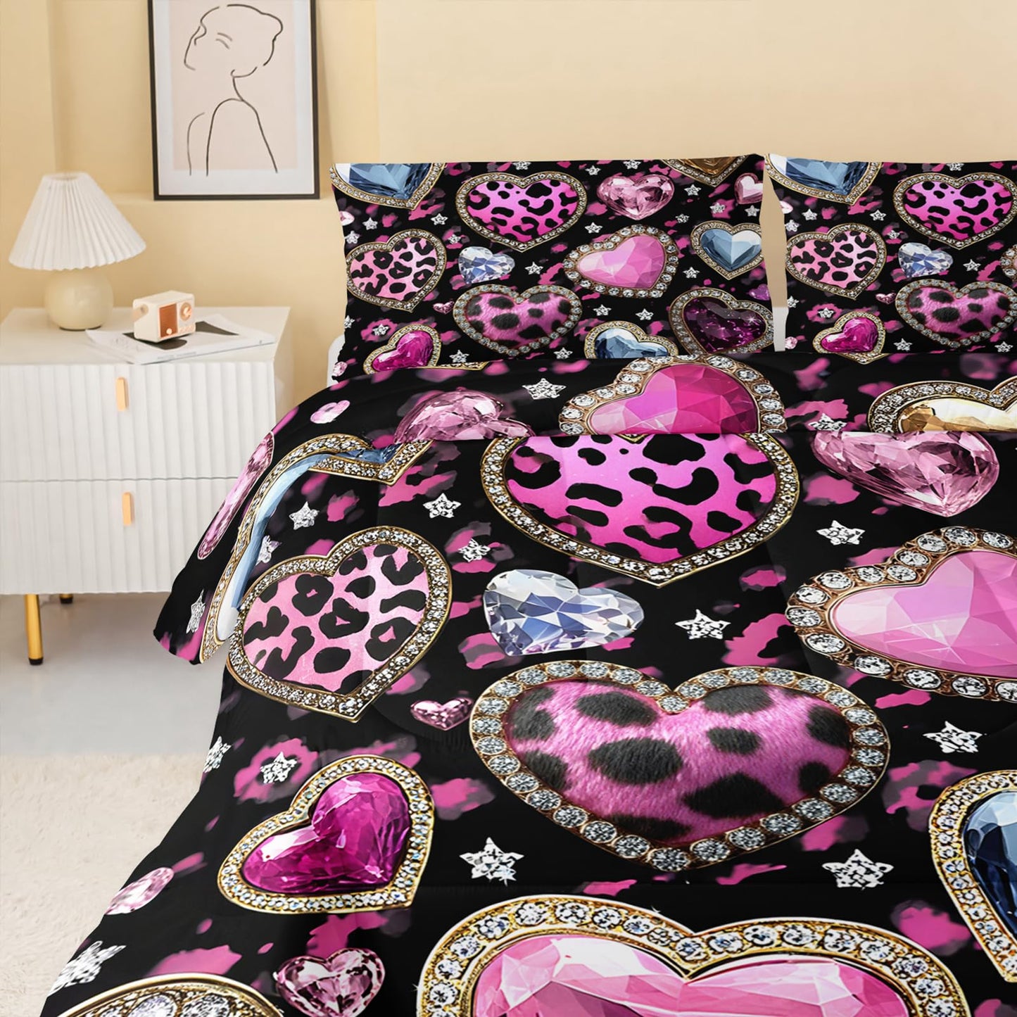 QOOMO Pink Heart Kids Full Comforter Set 3Pcs Leopard Love Heart Bedding Set for Girls Boys Crystal Diamond Printed Comforter with 2 Pillowcases Lightweight Microfiber for All Seasons