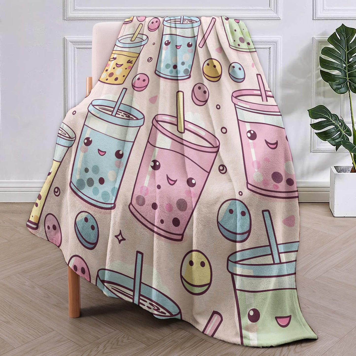Cute Anime for Boba Cups Blanket Gifts for Women Girls Adults Kids Soft Warm Lightweight Cozy Bubble Tea Throw Blankets for Bed Sofa Couch Living Room Decor 50x60in