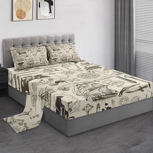 Pamnest Twin Size Bed Sheet Sets, Pirate Vintage Soft Microfiber 3 Pcs Bedding Sets for Kids and Adults Bedroom Bed Decor, Nautical Sea Navigation Flat, Fitted Sheet and Pillowcases