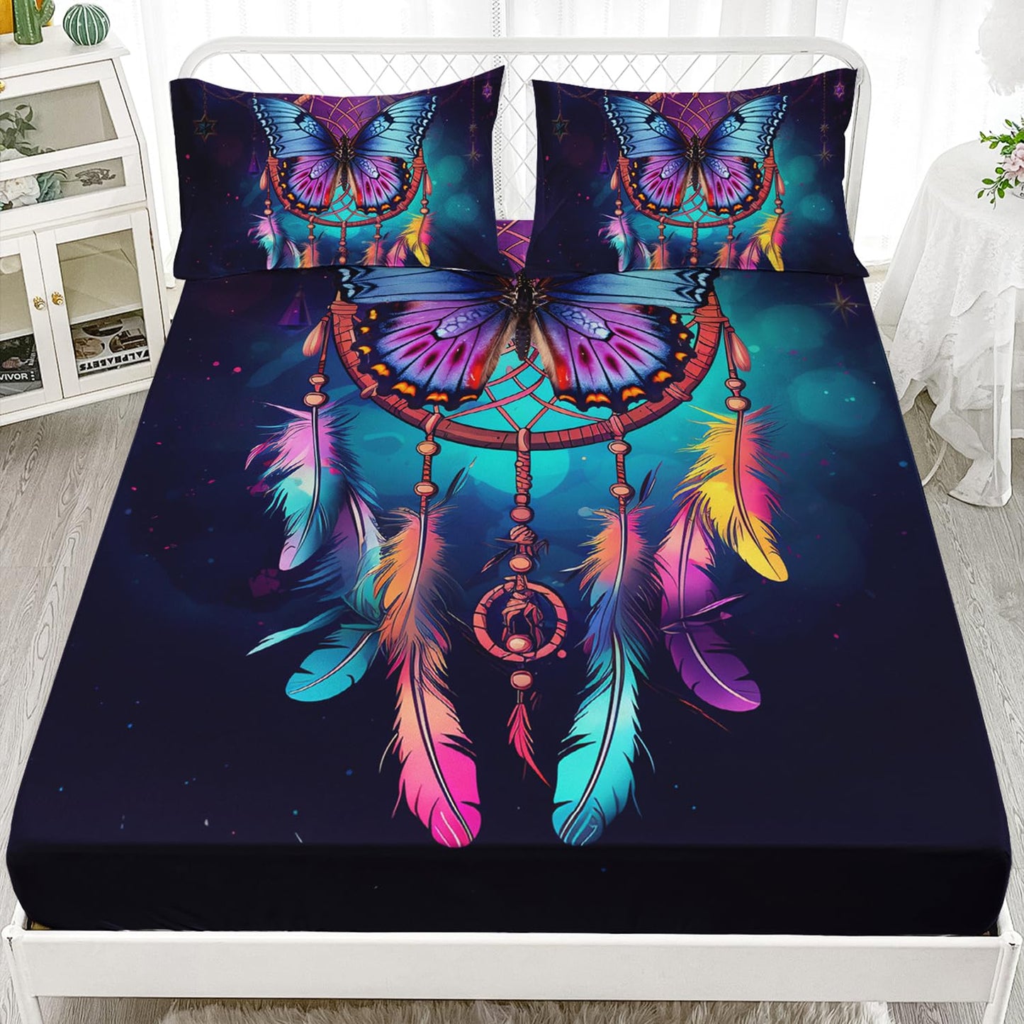 HOSIMA Dream Catcher Fitted Sheet Set 3Pcs,Indian Hippie Feather Boho Bedding Toddler Room Decor for Girls Boys,Native American Gypsy Butterfly Bed Set Twin Bed in a Bag Set for Adults Teens.
