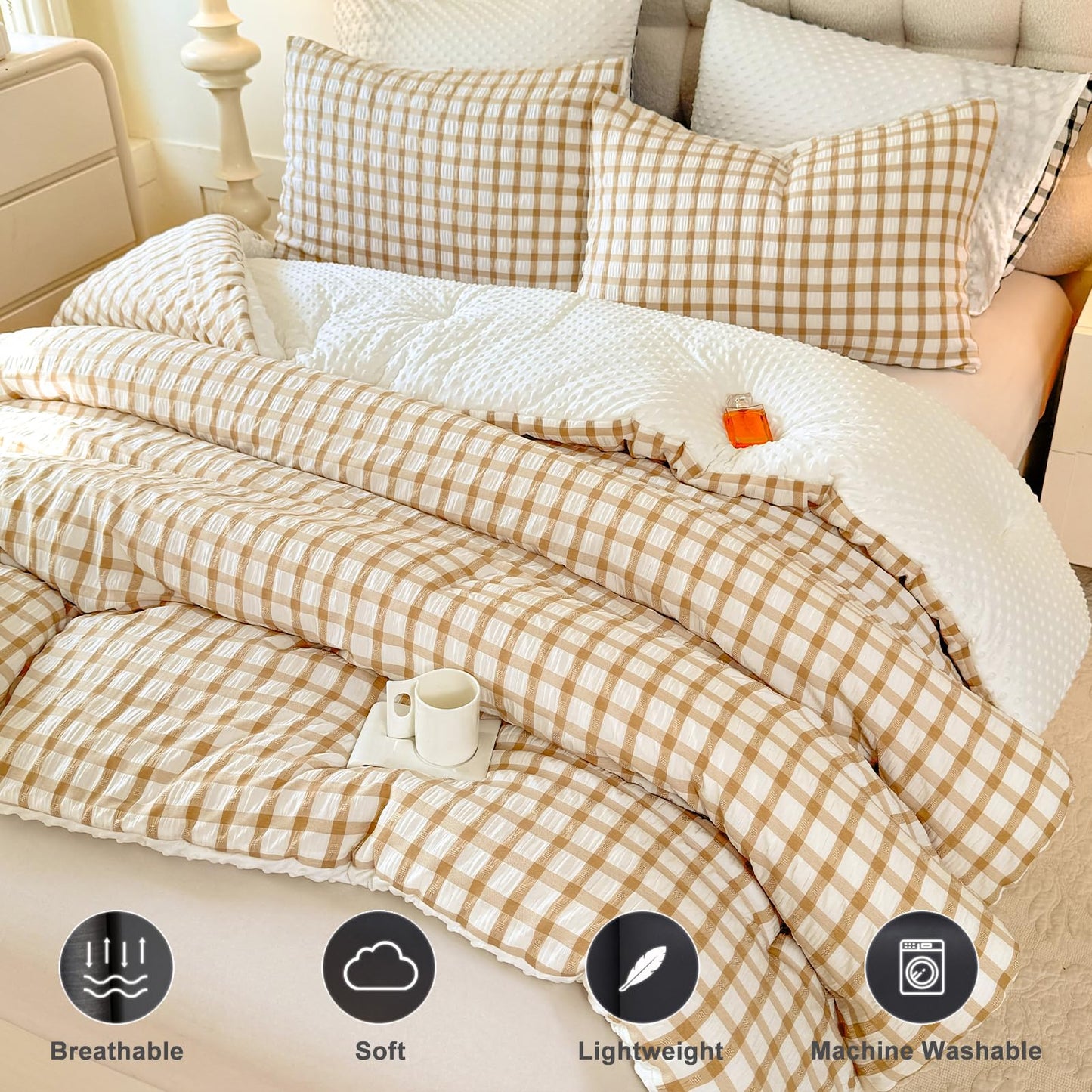 tohrisa Boho Comforter Set Twin Size - 2 Pieces Lightweight Jacquard Seersucker Bedding Sets (1 Soft Fluffy Grid Comforter & 1 Pillowcase) - All Seasons Cozy Modern Bed Set(68"x90" Beige)