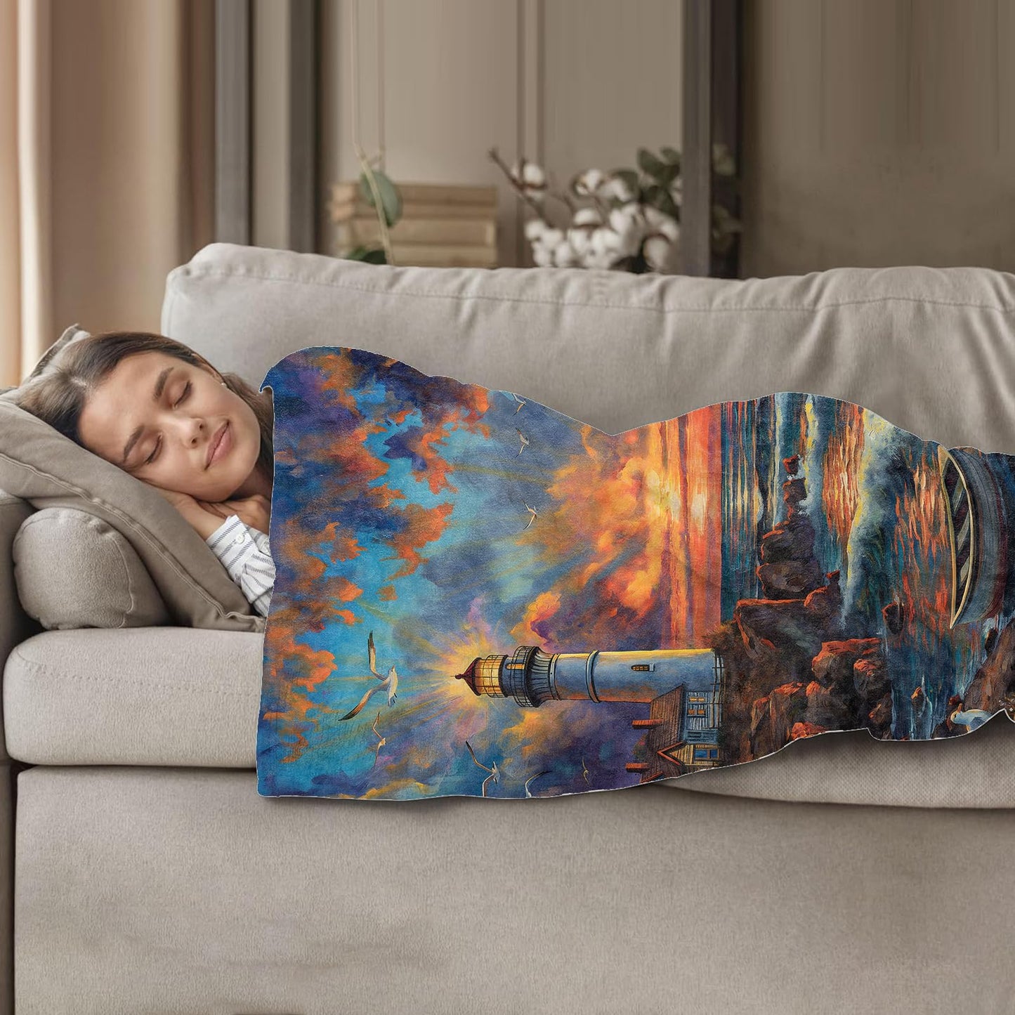 Plistiz Coastal Throw Blanket, 50x60 Inch, Nautical Themed, Sunset Lighthouse Scene with Seagulls, Flannel, Lighthouse Gifts