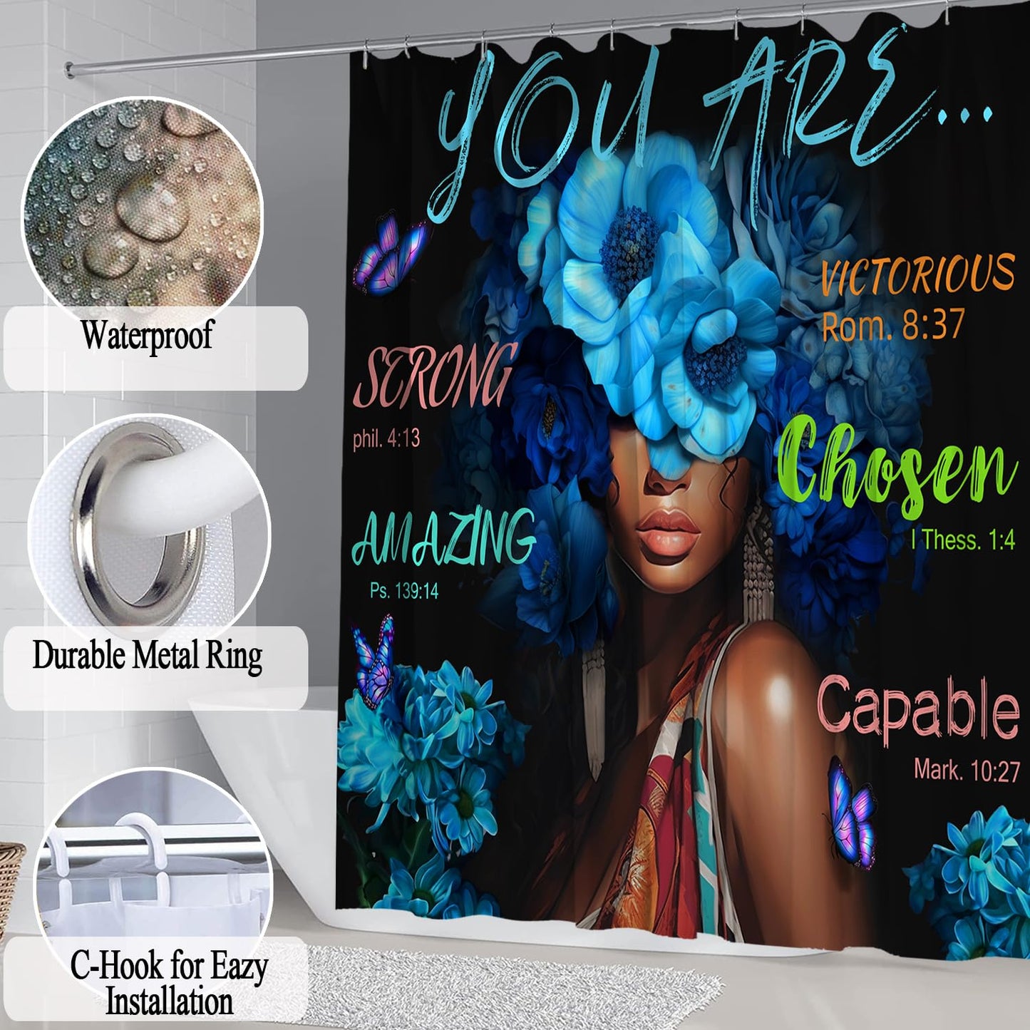 Omebero Black African Flower Woman Shower Curtain Set, Blue Art Words Bathroom Set with Shower Curtain and Rugs, Toilet Lid Cover, Bath Mat,Waterproof Fabric Shower Curtains and Hooks for Bathroom