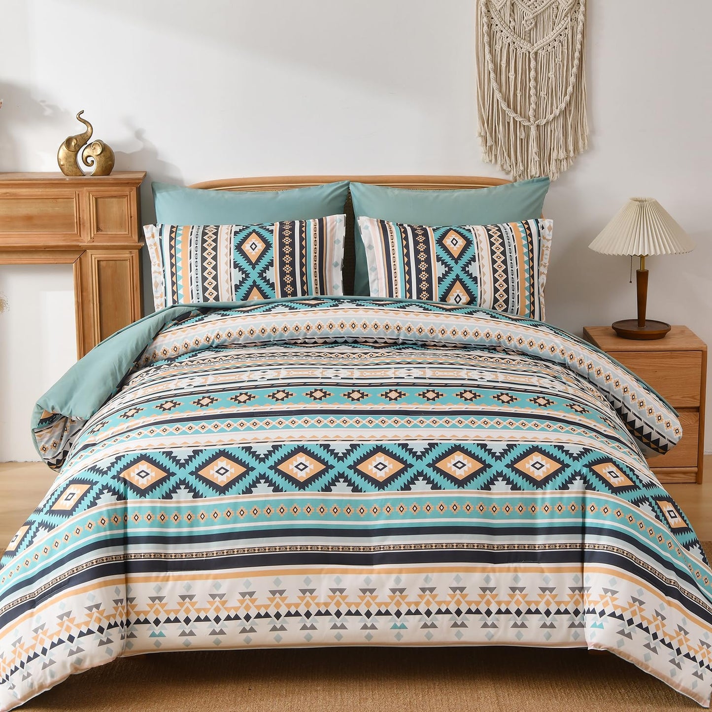 Dinjoy Turquoise Boho Comforter Set Queen Size,7 Pieces Bed in a Bag Queen Aztec Bedding with Sheets Bohemian Geometric Striped Complete Set for Spring Summer Fall Winter 90"x90"