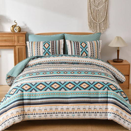 Dinjoy Turquoise Boho Comforter Set Queen Size,7 Pieces Bed in a Bag Queen Aztec Bedding with Sheets Bohemian Geometric Striped Complete Set for Spring Summer Fall Winter 90"x90"