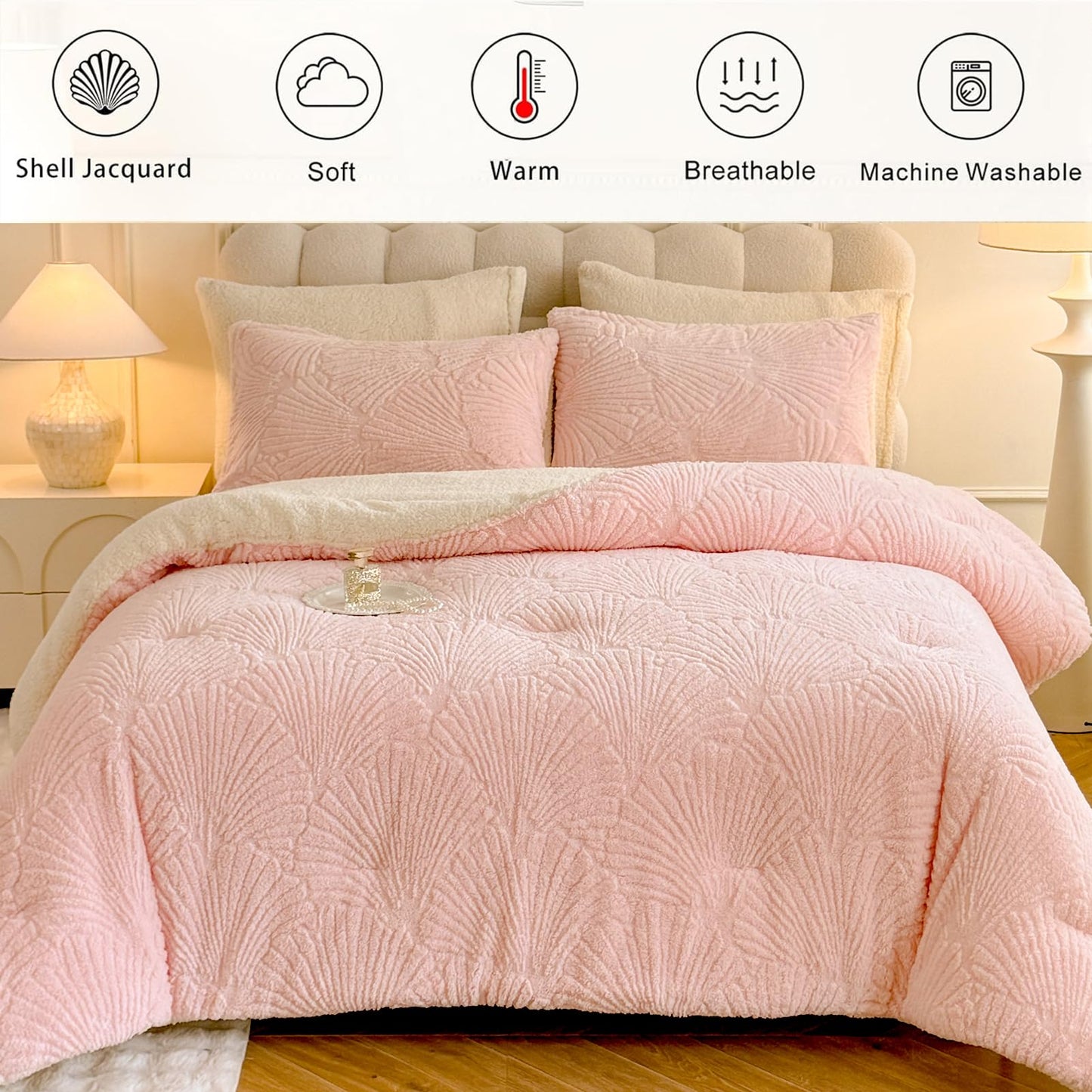 tohrisa Seashell Jacquard Sherpa Comforter Set Warm Cozy Premium Bedding 3 Pieces, King Size Geometric Pattern Quilt Comforter with 2 Pillowcases(104"X90" Light Pink)