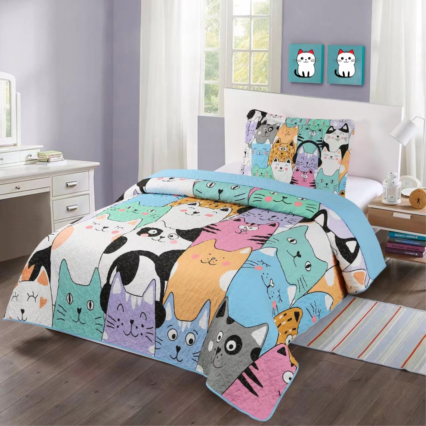 MarCielo Kids Bedspread Set Cat Quilt Blanket for Teens Girls Boys Bedding Coverlet (Twin, Cat)