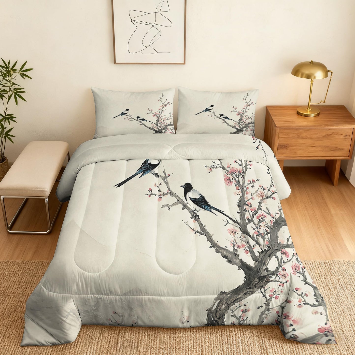 TANCAPRIUM Japanese Comforter Set Queen - Flower Bird Bedding Set & 2 Pilow Cases for All Season - Soft Reversible Down Alternative 3 Piece. Japanese Bedrom Decor