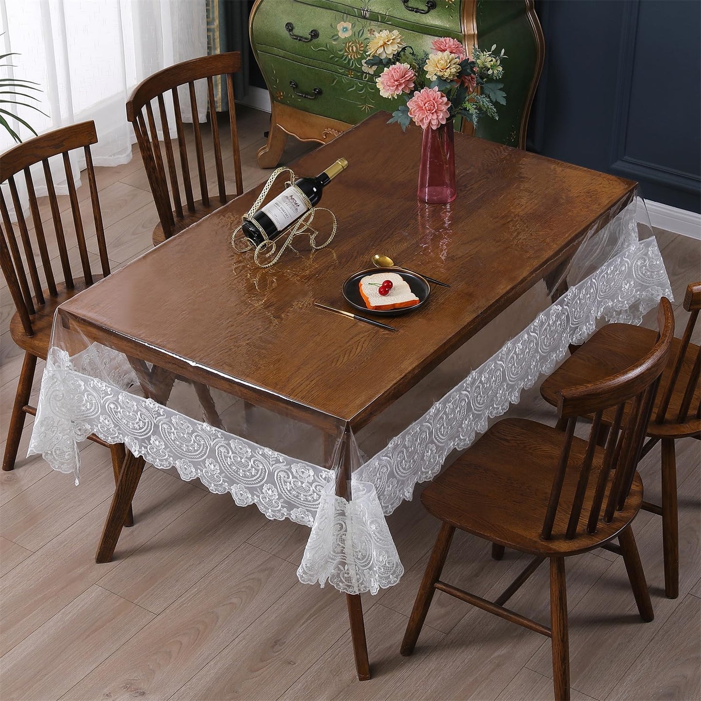 Clear Plastic Rectangle Tablecloth Vinyl Waterproof Table Cloth Embroidered Lace Edge Transparent Table Cover for Dining Kitchen Outdoor(52 x 70 inch, White)