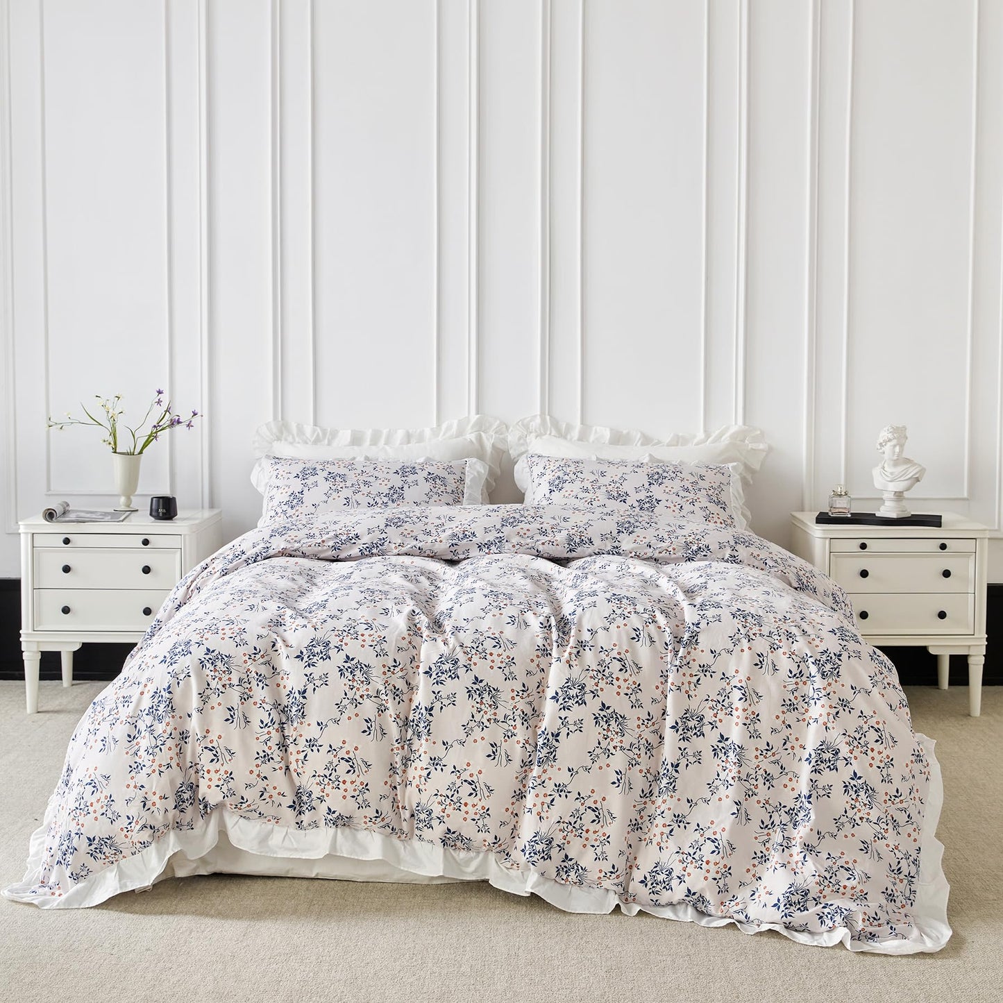 SUSYBAO Burnt Orange Floral Duvet Cover Queen 100% Cotton 3 Pcs Set 1 Farmhouse White Ruffled Duvet Cover with Zipper Ties 2 Pillow Shams Garden Blue Flower Bedding Set Soft