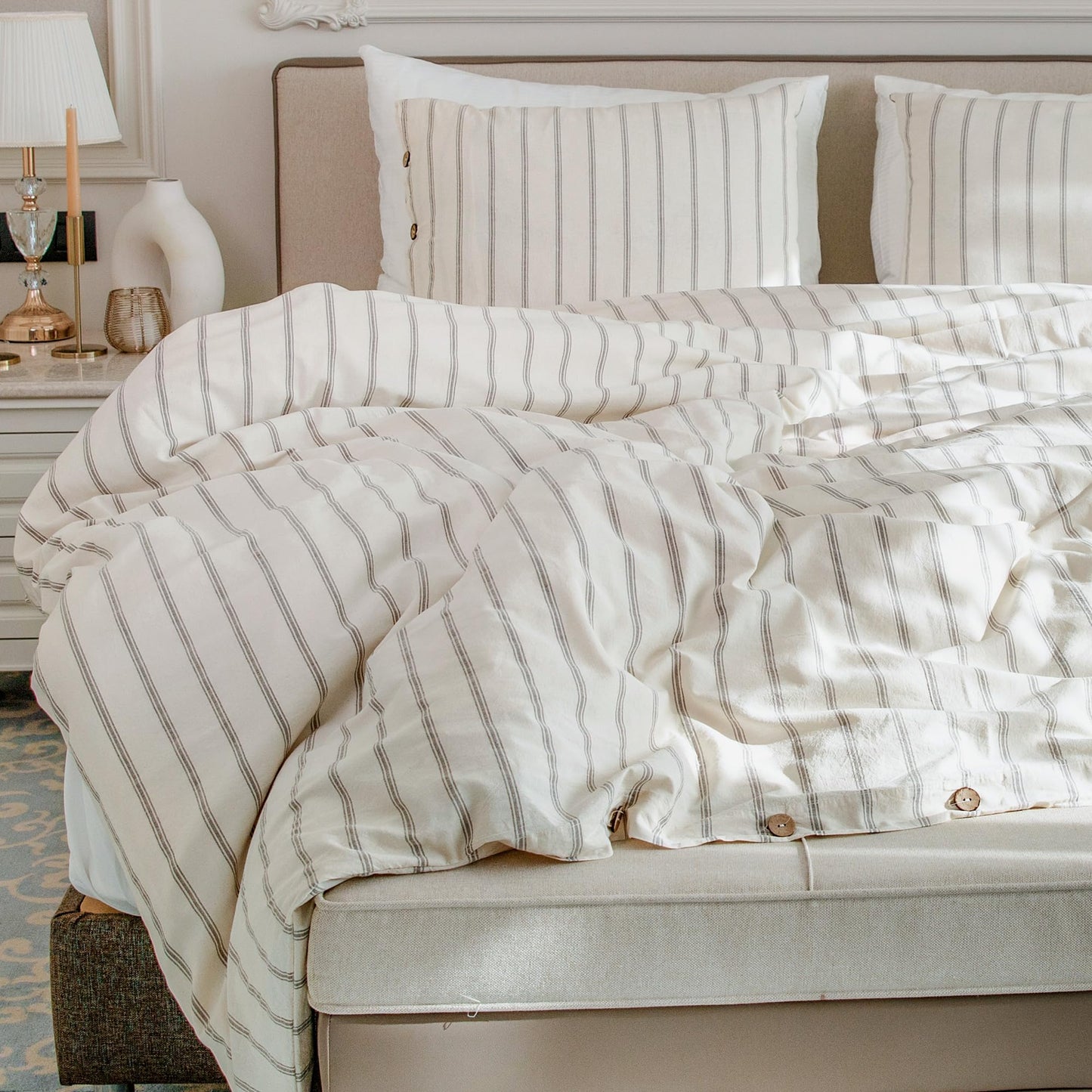 Lavien Home, 100% Natural Cotton Duvet Cover Set Twin Size, Striped 2-Piece Linen Like Bedding - Pre-Washed for Softness and Comfort (Didyma, Twin 68”x90”)