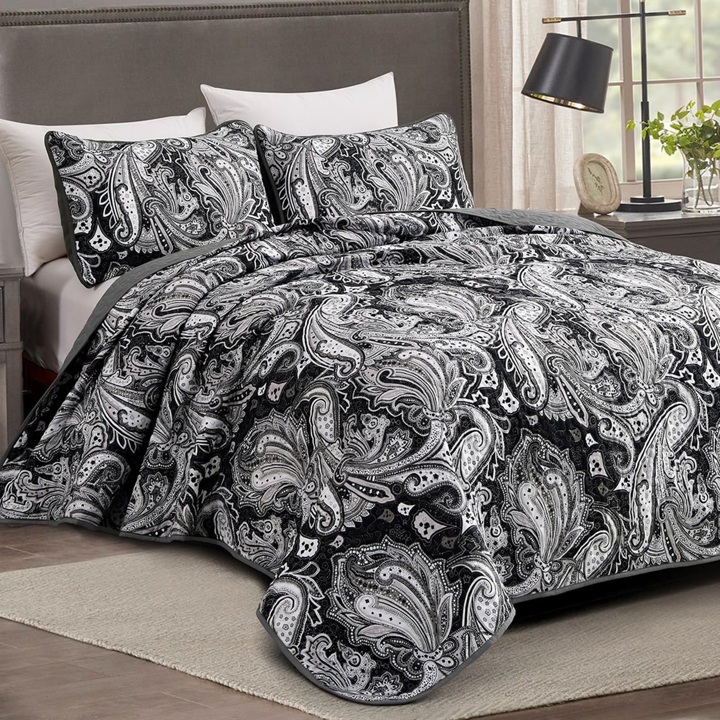 DJY Black Paisley Quilt Set Full Size Boho Bedspread Coverlet Set 3 Pieces, Soft Lightweight Black and Gray Paisley Floral Pattern Bedding for All Season, 90''x80''