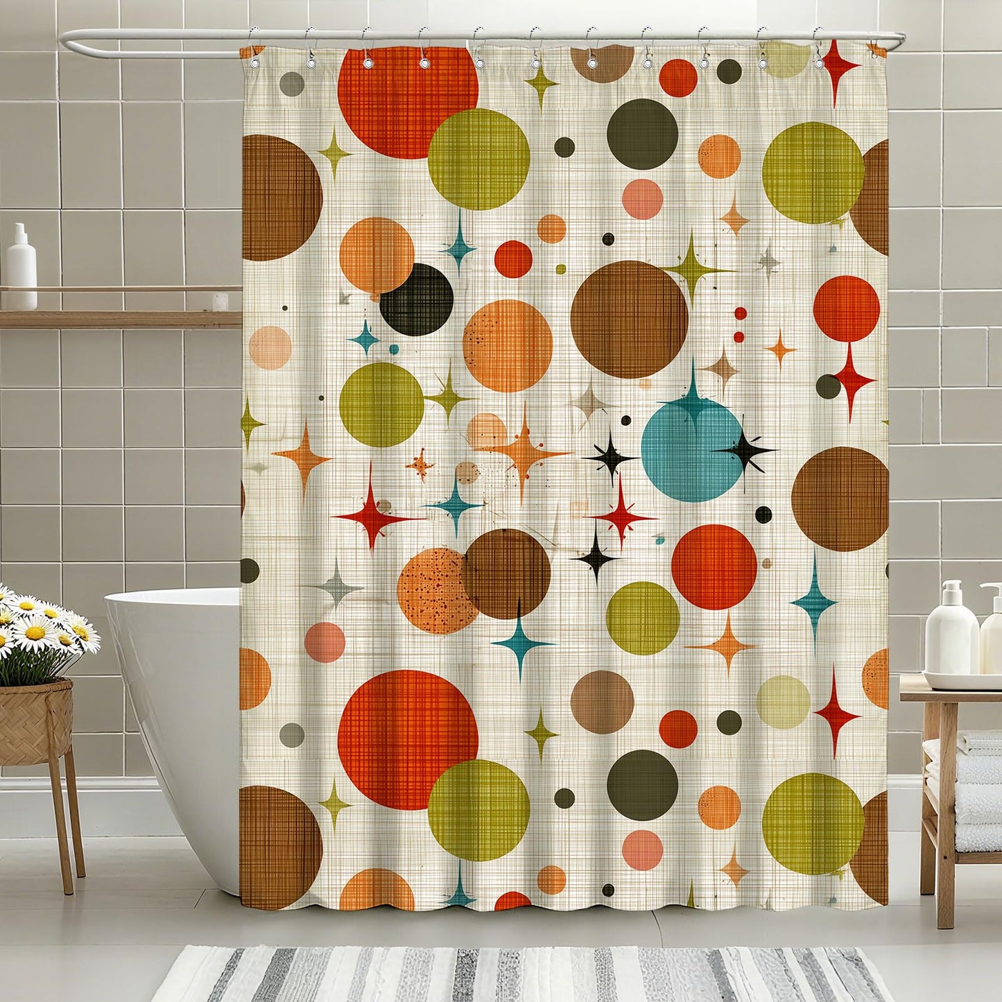 mutakin Mid Century Modern Shower Curtain Abstract Geometric Art Shower Curtains for Bathroom Waterproof Fabric Bath Curtain Decor with Hooks