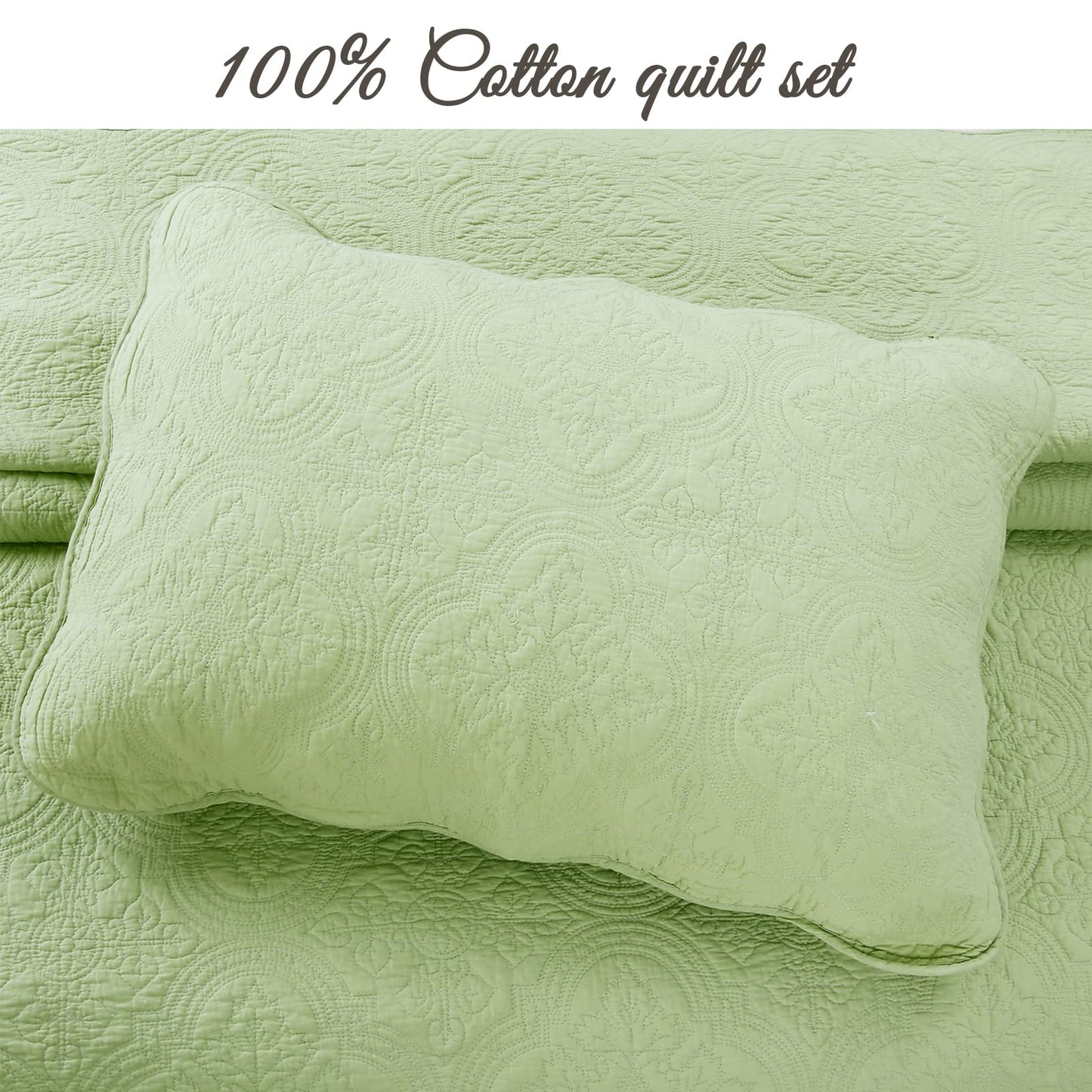 Cozy Line Home Fashions 100% Cotton Medallion Matelasse Embossed Bedding Quilt Set, Reversible Lightweight Bedspread, Coverlet for All Season (Blantyre - Green, Queen - 3 piece)