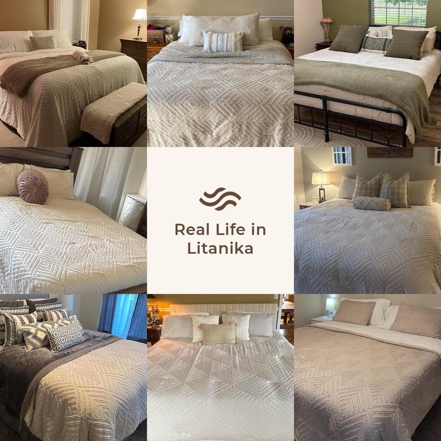 Litanika Queen Comforter Set Beige, 3 Pieces Cream Tufted Boho Farmhouse Bedding Comforter Sets, Lightweight Fluffy Comforter Bed Set for All Season (90x90In Comforter and 2 Pillowcases)