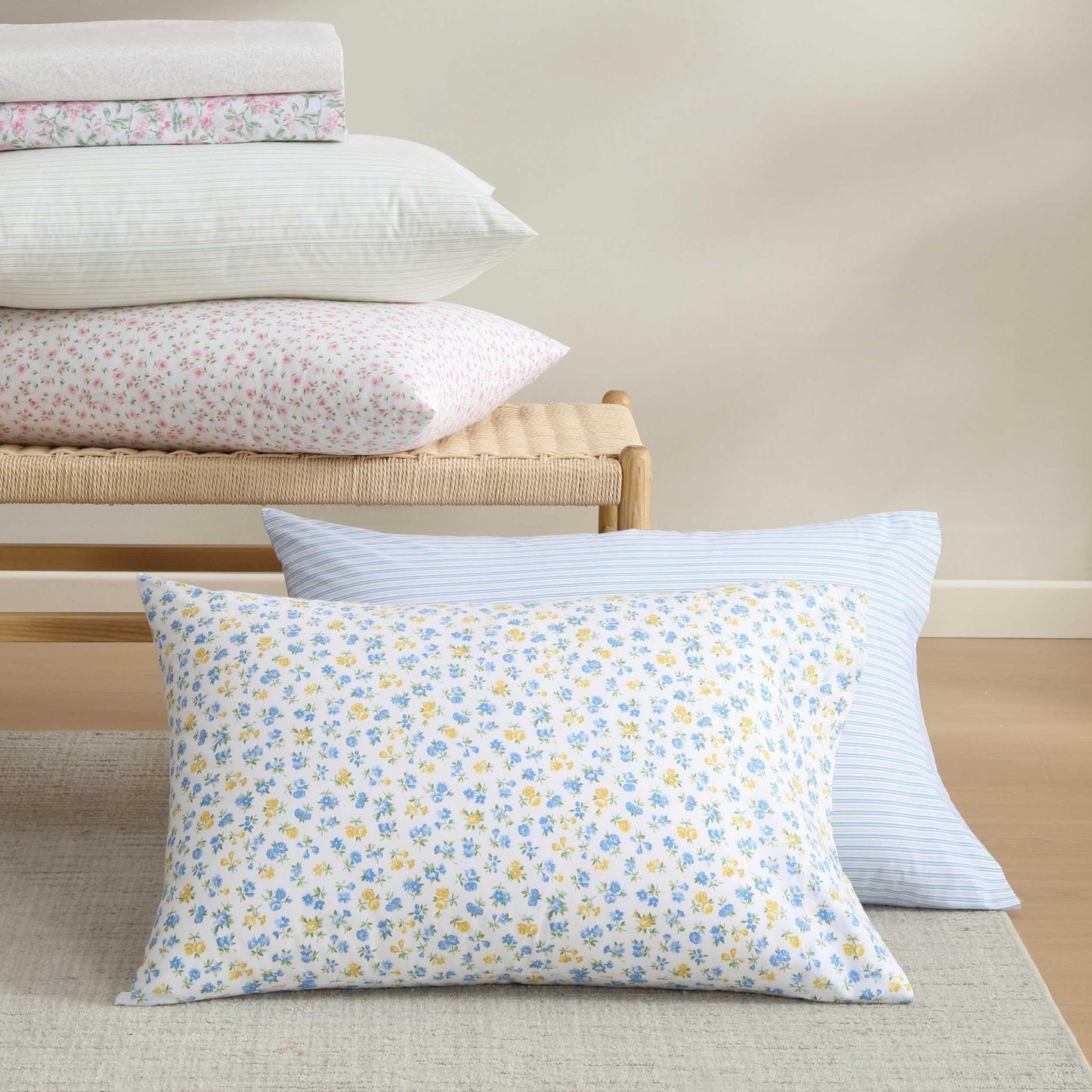 Laura Ashley - King Sheet Set, Crisp & Cool Cotton Percale Bedding for Year Round Comfort, Deep Pocket, Bed Sheets with Matching Pillowcases (Ditsy Doodle Blue)