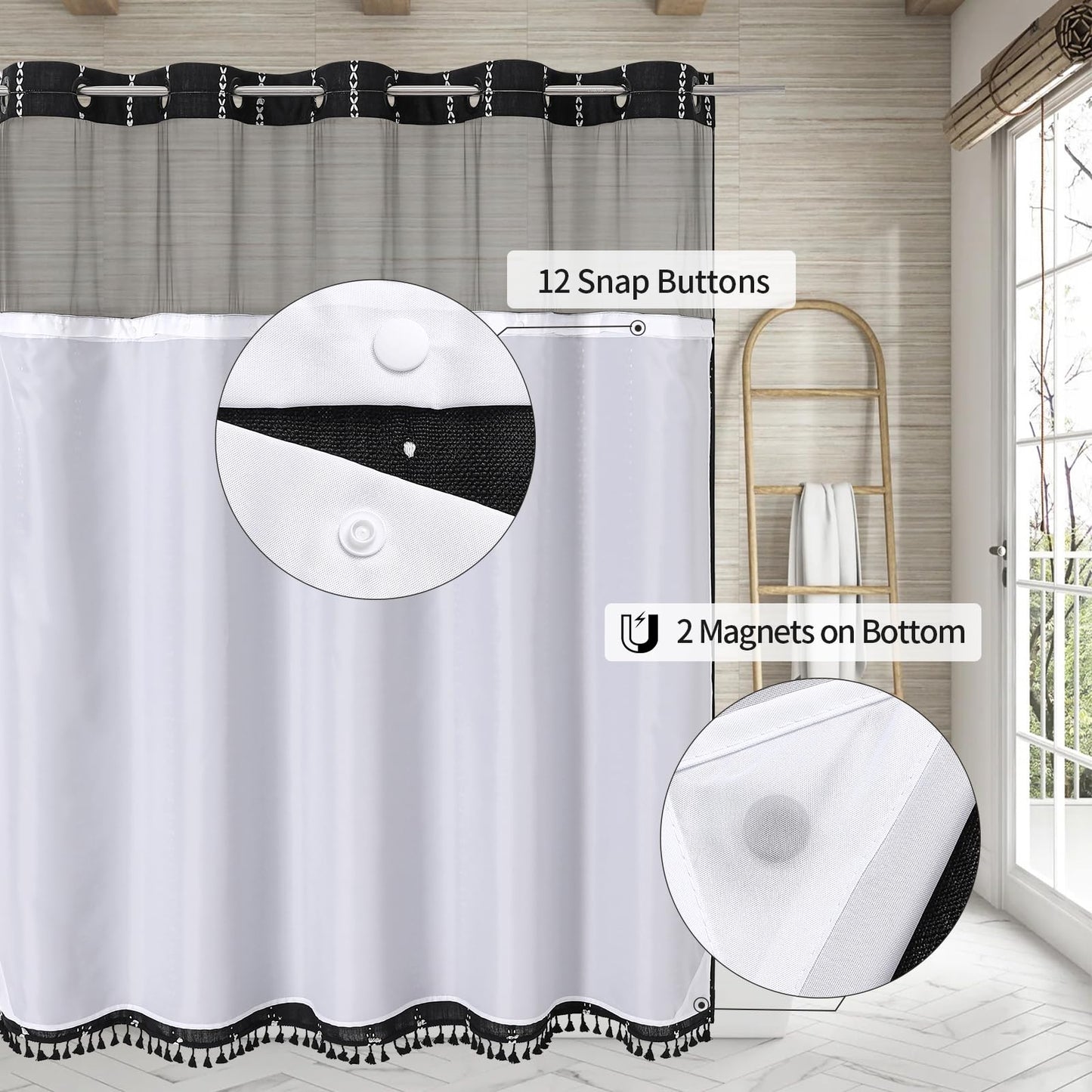 No Hooks Needed Farmhouse Shower Curtain with Snap-in Liner - with Window & Magnets, Boho Cotton Linen Fabric Shower Curtains with Tassels for Rustic Bathroom Decor, Black and White, 72 x 74