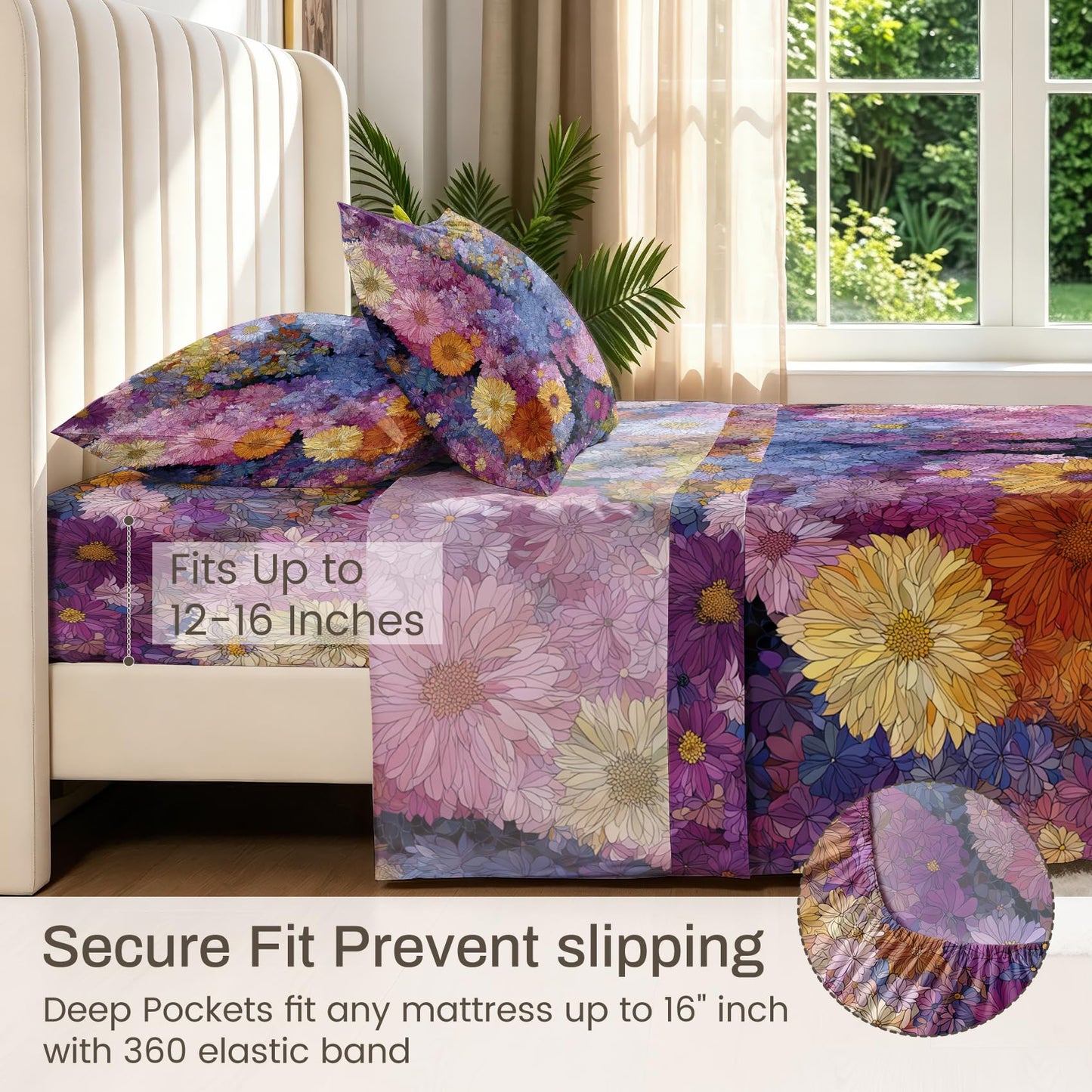 Daisy Flower Full Bedding Set Girls Colorful Floral Sheet Sets
