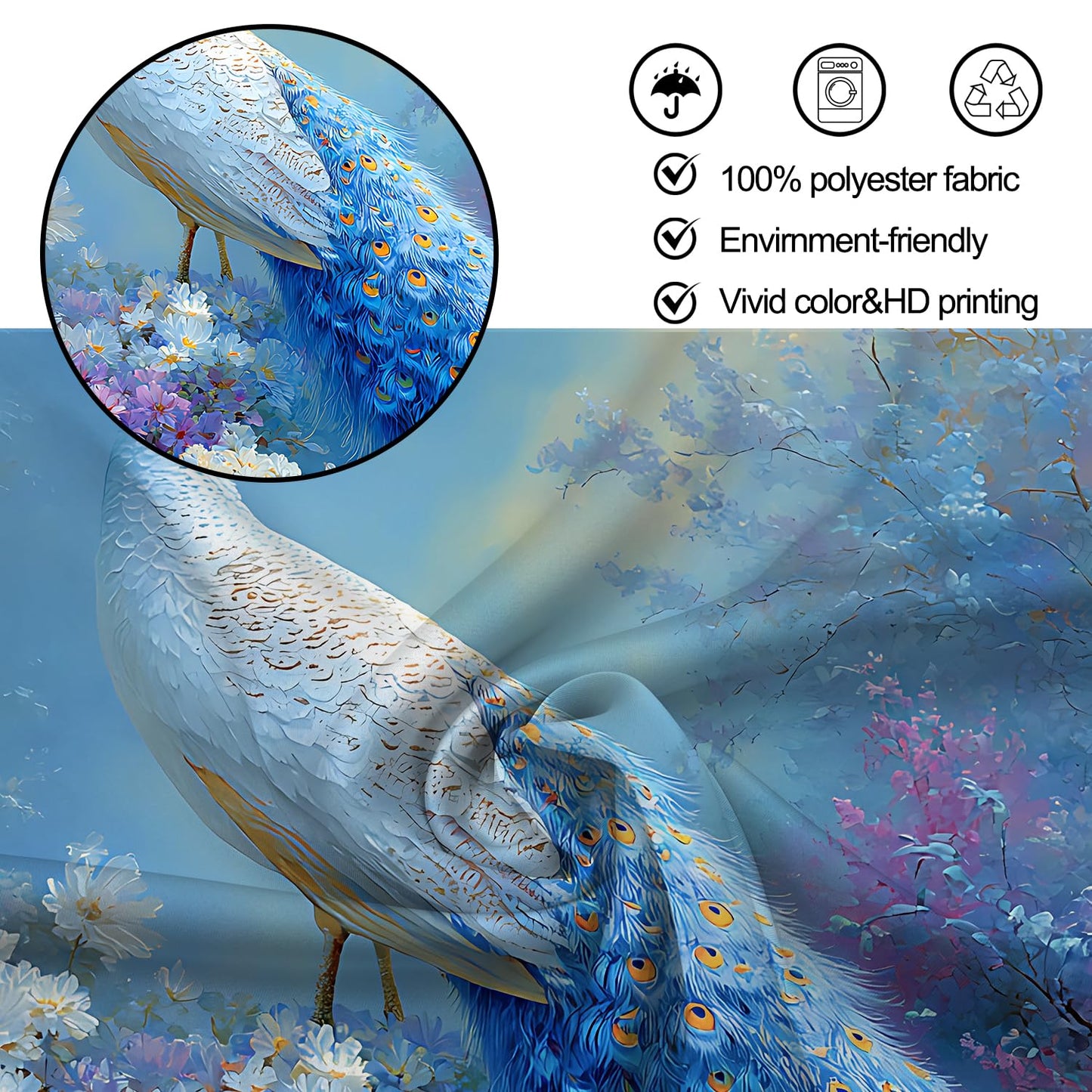 THISFIND Shower Curtain, Elegant Peacock with White Flowers and Misty Background Machine Washable Waterproof Fabric for Bathroom Decor Bathtub with 12 Hooks 72x72