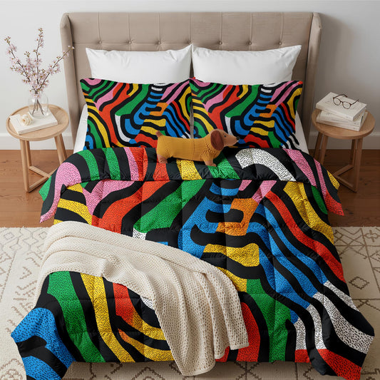 Pop Art Comforter Set Queen Size 3 Pcs - All Season Duvet Insert & 2 Pillowcases, 60s Colorful Hippie Bedding Set, Soft Lightweight Down Alternative Comforter, Abstract Graffiti Bedroom Decor