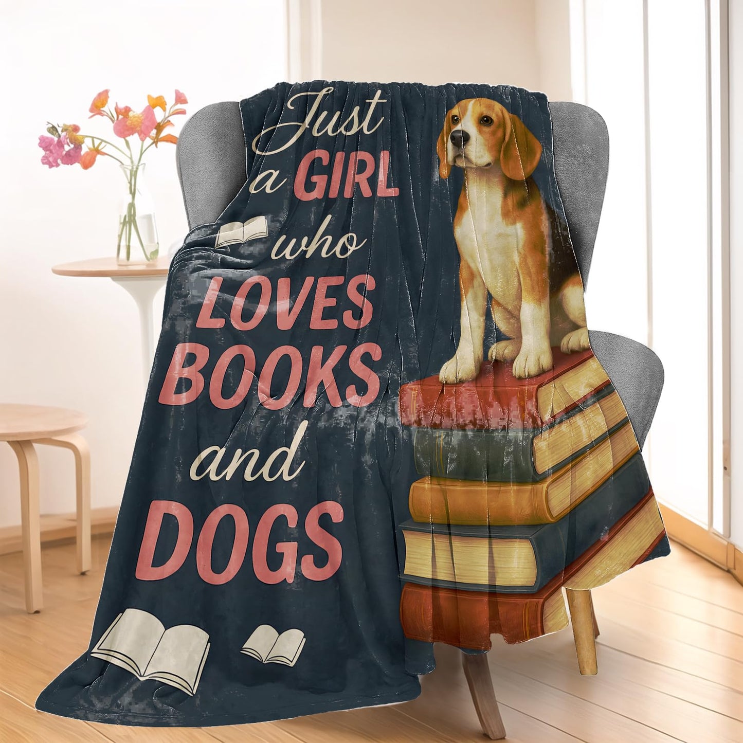 Wanoryer Just a Girl Who Loves Books and Dogs Blanket, Comfy & Warm Flannel Cute Beagle Throw Blanket for Couch, Gifts for Women Kids, Soft Fuzzy Lightweight Travel Bed Blankets for Decor 50"×60"