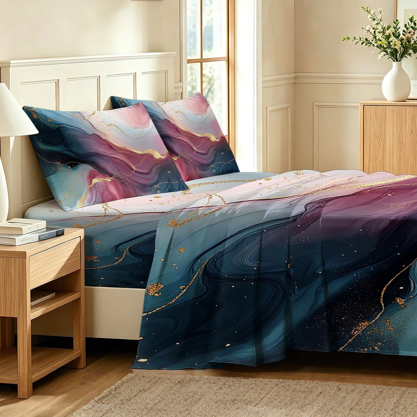 Marble Full Bedding Set Modern Abstract Sheet Sets, Purple Blue Gold