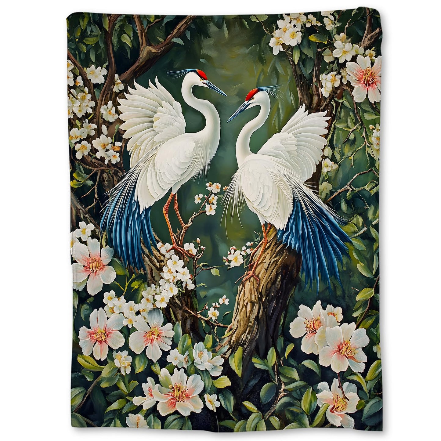 Ti Caldi Red-Crowned Crane & Lush Flowers Blanket, Soft Cozy Flannel Throw Blanket for Adults Kids Women Men, Lightweight Warm Fuzzy Blankets for Bed, Couch, Travel & Home Decor 60×50 in
