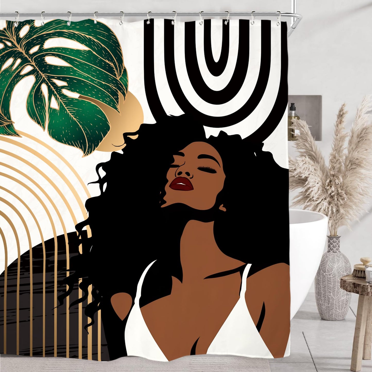 Miyotaa Abstract Emerald Green Shower Curtain Set 60Wx71H Inches African American Black Woman Girl Sexy Minimalist Aesthetic Modern Waterproof Bathroom Curtain with 12 Hooks