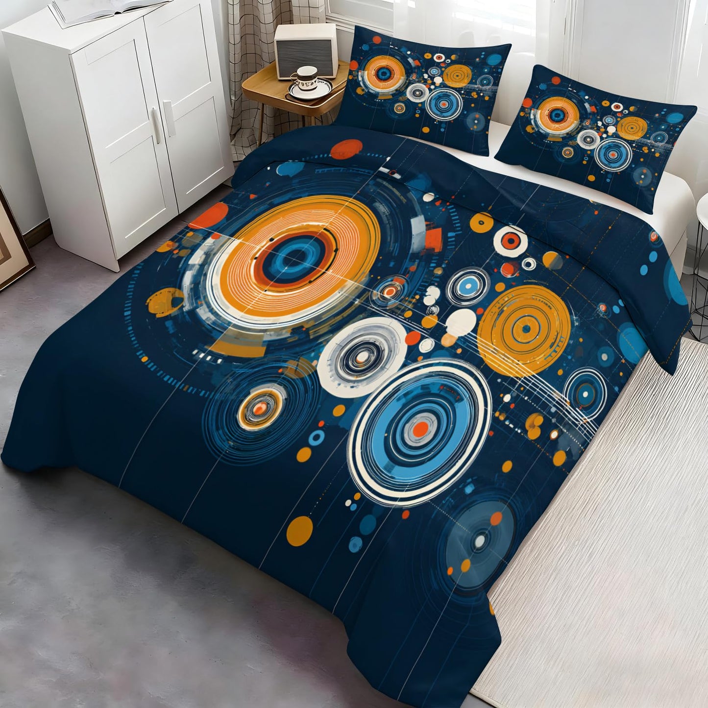ZAOMIR Modern Abstract Circle Duvet Cover Twin Size, Colourful Disc Bedding Set 3 Piece, Hippie Hip Hop Patterned Comforter Cover with Zipper Soft Microfiber, 2 Pillowcases