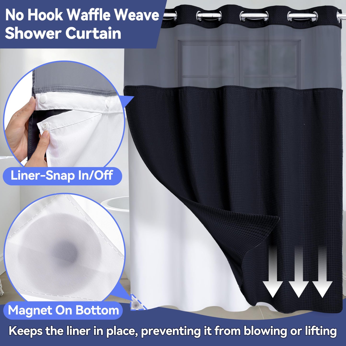 Conbo Mio No Hook Waffle Weave Shower Curtain with Snap in Liner Set, Hotel Luxury Black Shower Curtains for Bathroom with See Through Top Window, Waterproof, Washable 71W x 74H
