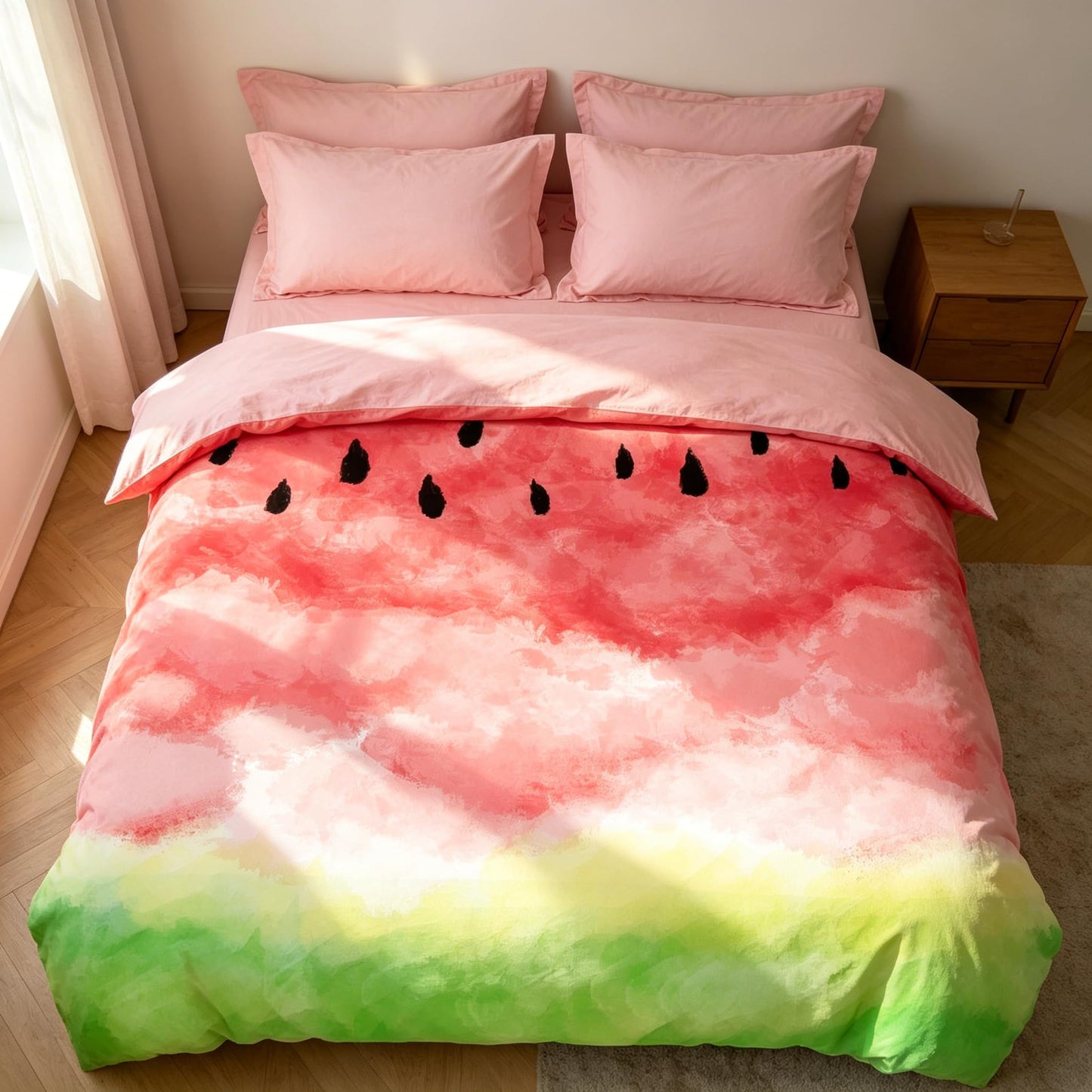 CCoutueChen Watermelon Comforter Set Queen Size, Cute Fruit Themed Pink Bedding Set, Soft Reversible Pastel Summer Comforter with Light Pink Back for Teens Girls Bedroom Decor/90 x90