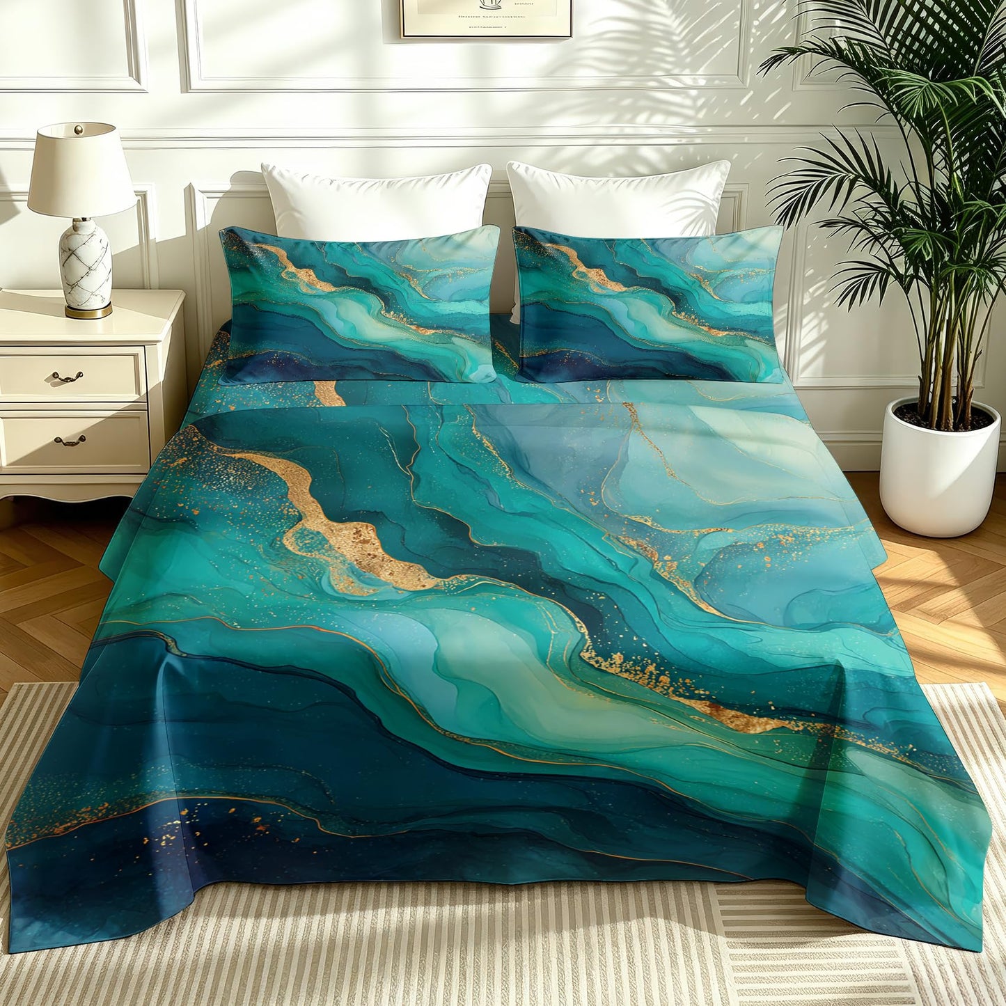 Green Marble Full Bedding Set Modern Abstract Sheet Sets, Gold Green