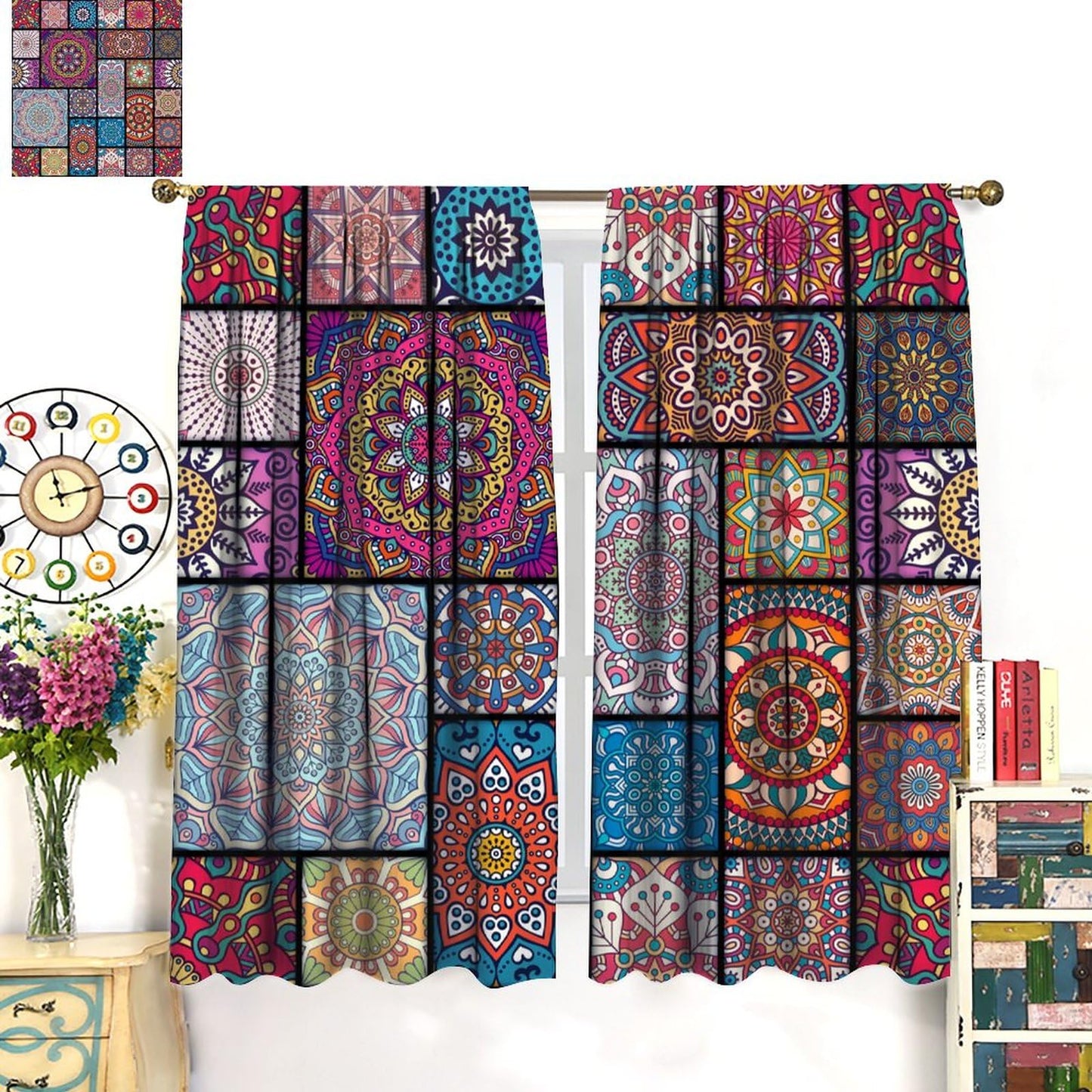 Boho Floral Blackout Curtains Abstract Bohemian Colorful Flower Theme Kitchen Art Deco Curtains Living Room Bedroom Apartment Insulation Noise Reduction Curtains 42x45 Inches 2 Panels (Pink)