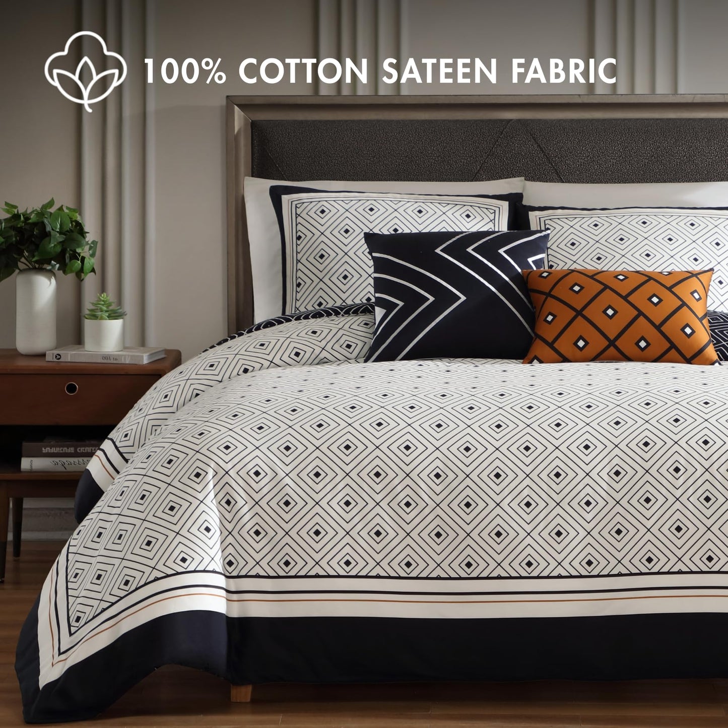Bebejan Luxury King Size Comforter Set Black & White Geometric - 5 Piece Reversible Bedding Set, 100% Cotton Sateen, Soft & Smooth - All Season King Comforter Set (1 Comforter, 2 Shams & 2 Pillows)